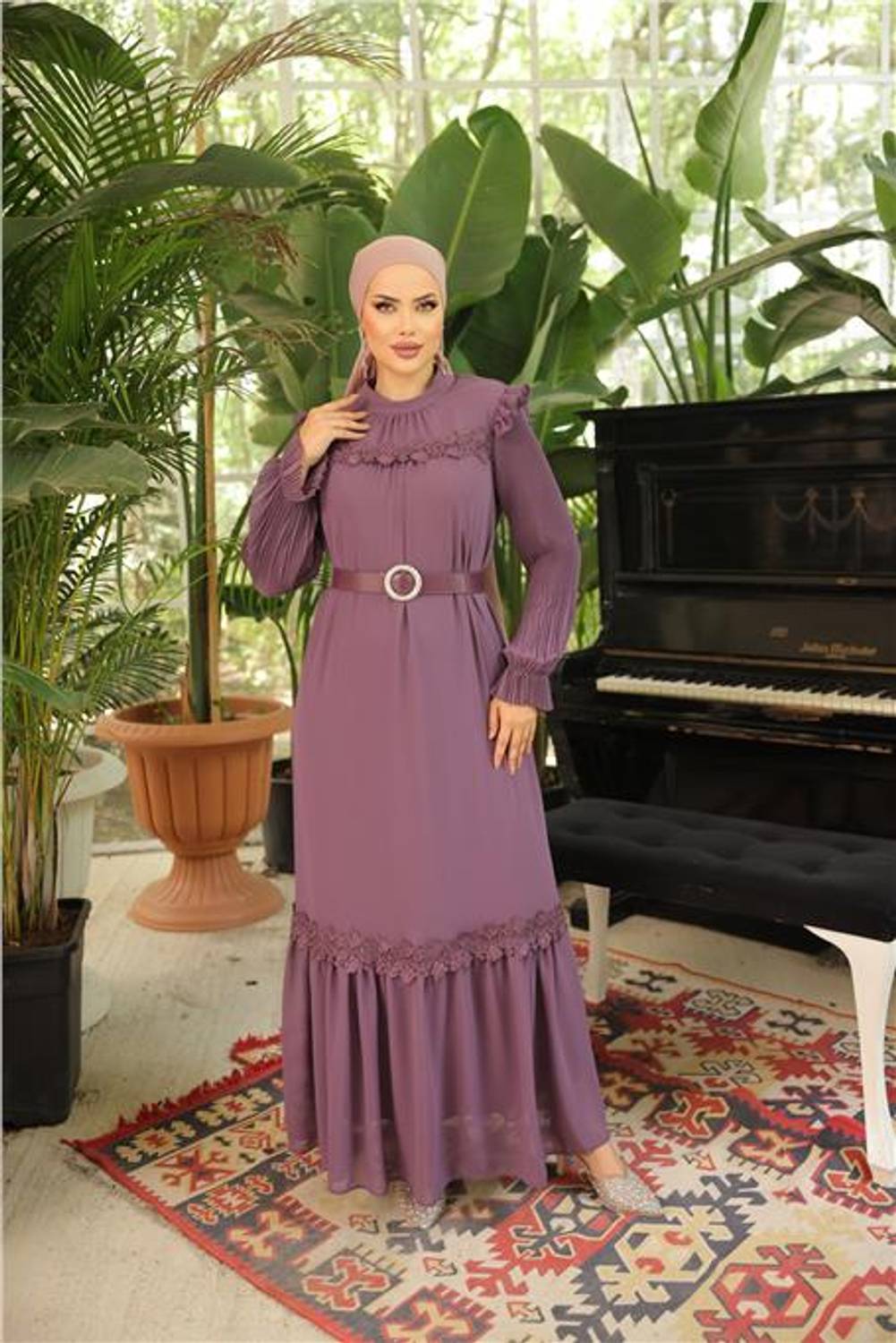 O Yaka Toka Kemerli Sade Uzun Şifon Elbise - 50017.013 - Mor