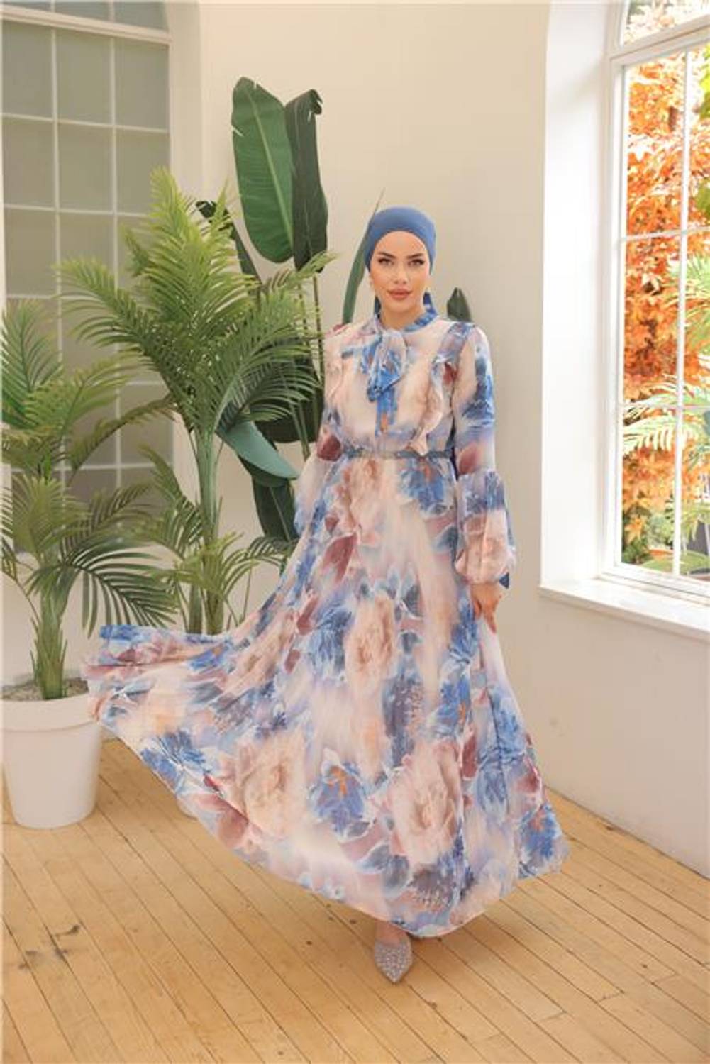 Cream Patterned Long Chiffon Dress with Belt - Blue - Available in Sizes 38 to 46