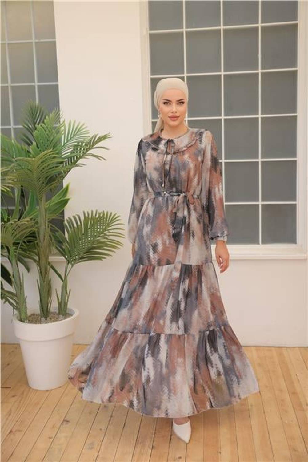 Coffee Patterned Long Chiffon Dress with Waist Tie in Black