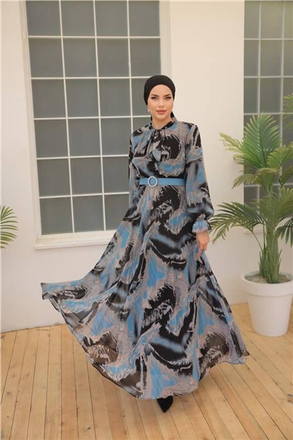 Black Patterned Belted Long Chiffon Dress in Blue