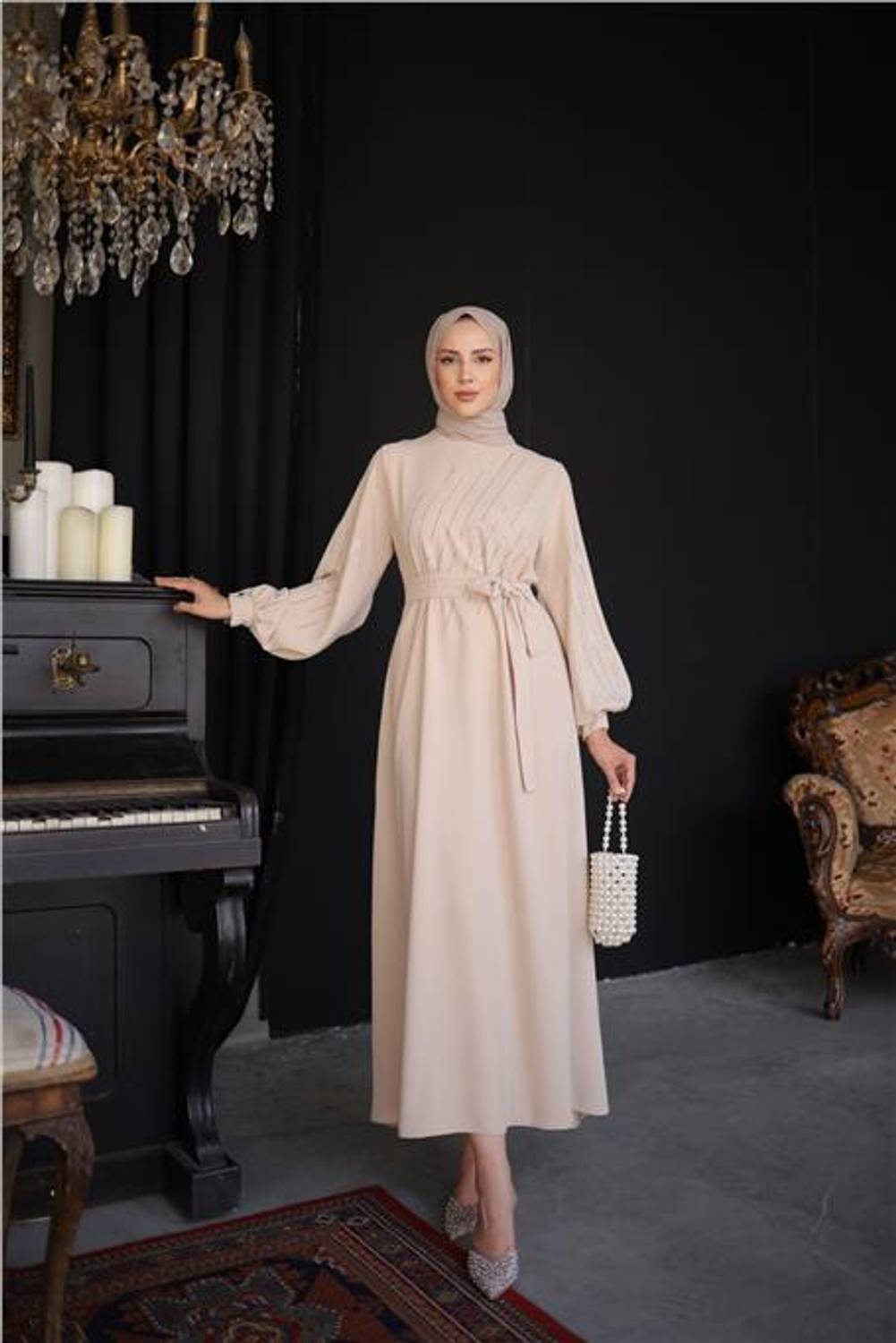 Stone Patterned Belted Long Dress in Beige - Sizes 38 to 44 Available
