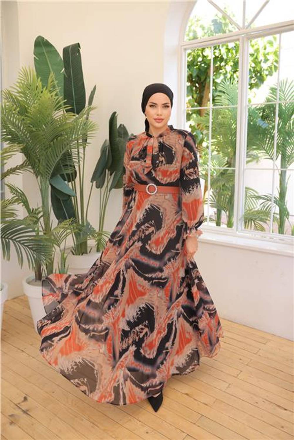 Black Patterned Belted Long Chiffon Dress in Rust - Size 38-46, Versatile for All Seasons