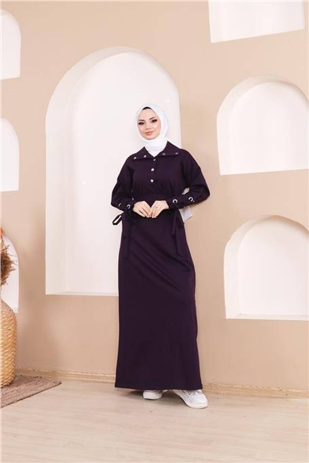 Belden Bağlamalı Çıtçıtlı Kol Şerit Detaylı Uzun Elbise - 71183 - Mor