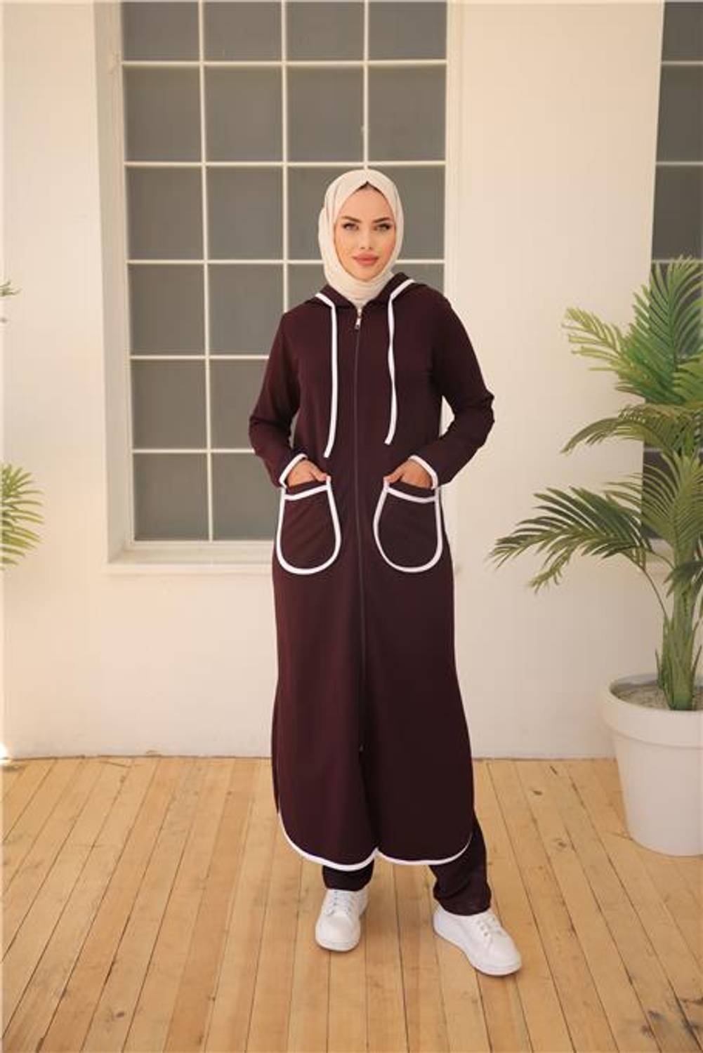 Kapşonlu Fermuarlı Cepli Uzun İkili Tesettür Eşofman Takımı - 71189.020 - Mürdüm