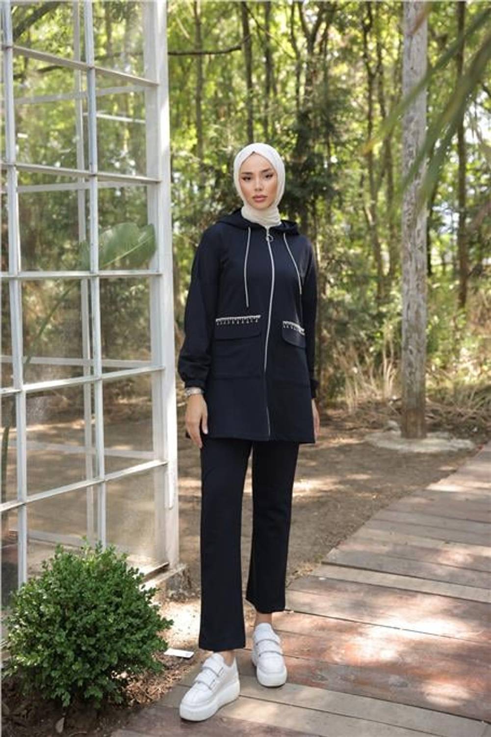 Kapşonlu Fermuarlı Cepli İkili Tesettür Eşofman Takımı - 71205.015 - Lacivert