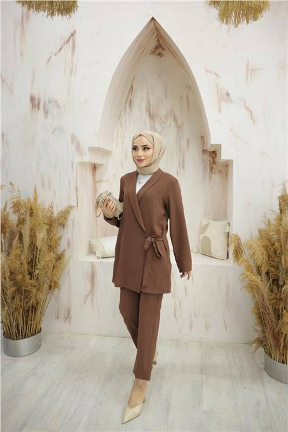 Yandan Bağlamalı Krep Ceket İkili Takım - 71194 - Kahverengi