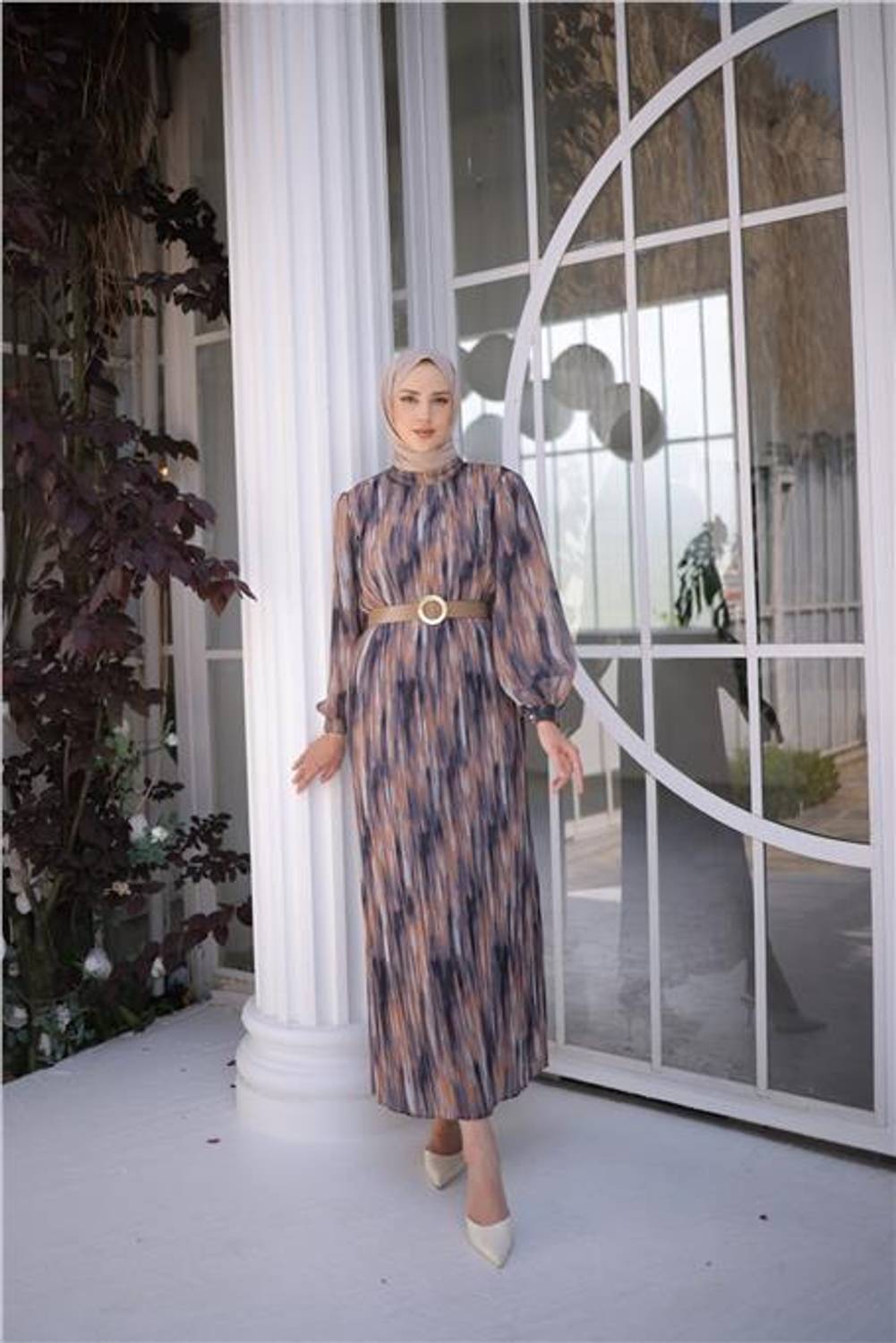 Belted Long Striped Pattern Chiffon Dress in Grey, available in sizes 38 to 46, ideal for all seasons from Bwest