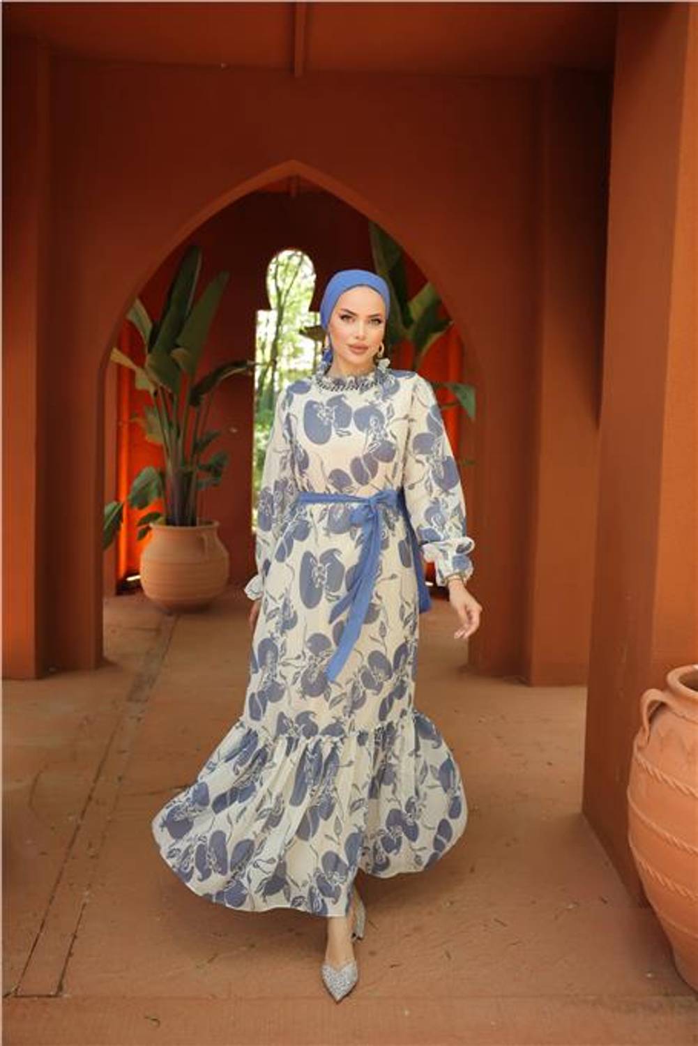 Сукня з узором з шифону з зав'язками на талії та бісером, колір індиго, розміри 38-46