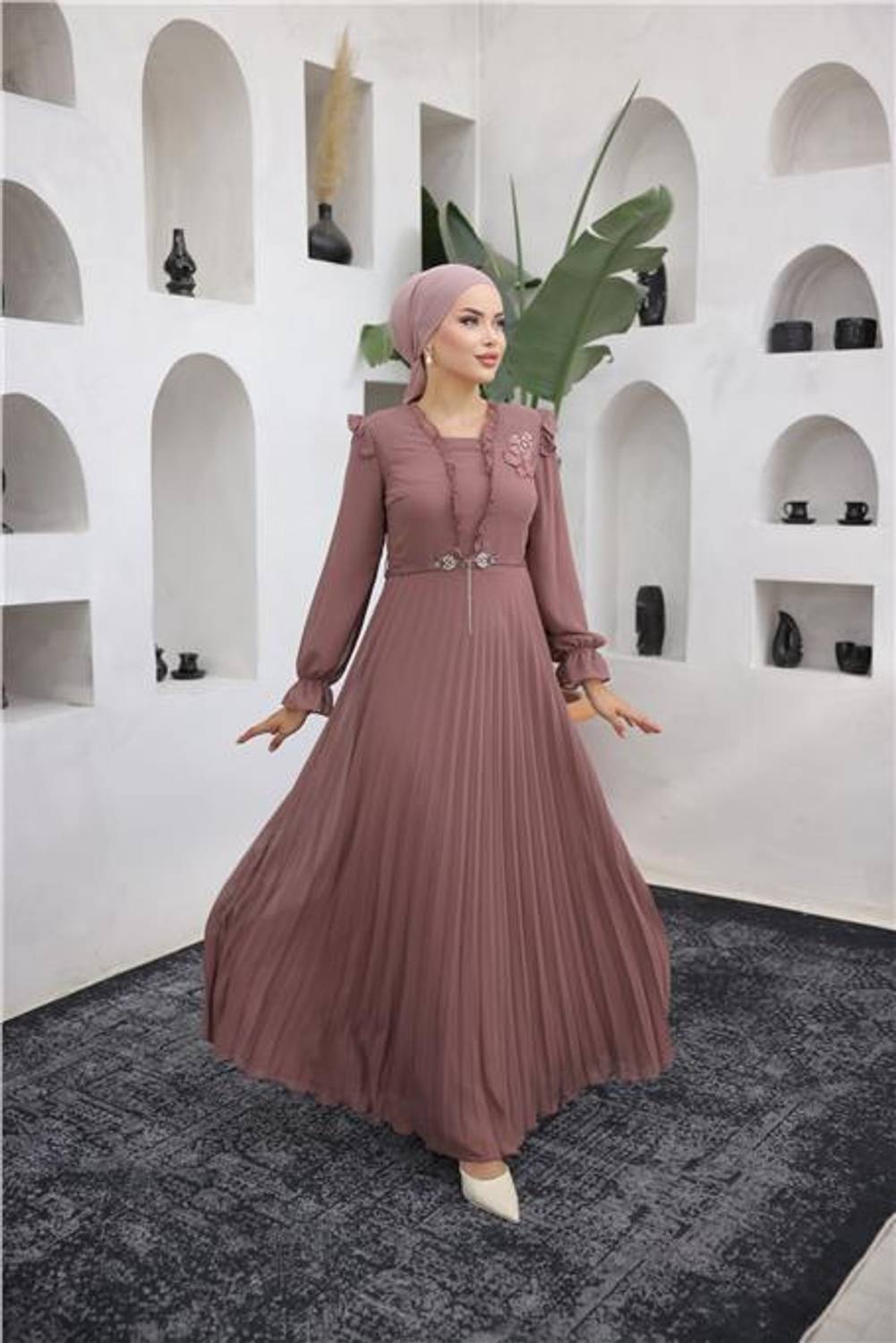 V-Neck Detailed Belted Simple Long Chiffon Dress - 50016.048 - Onion Color