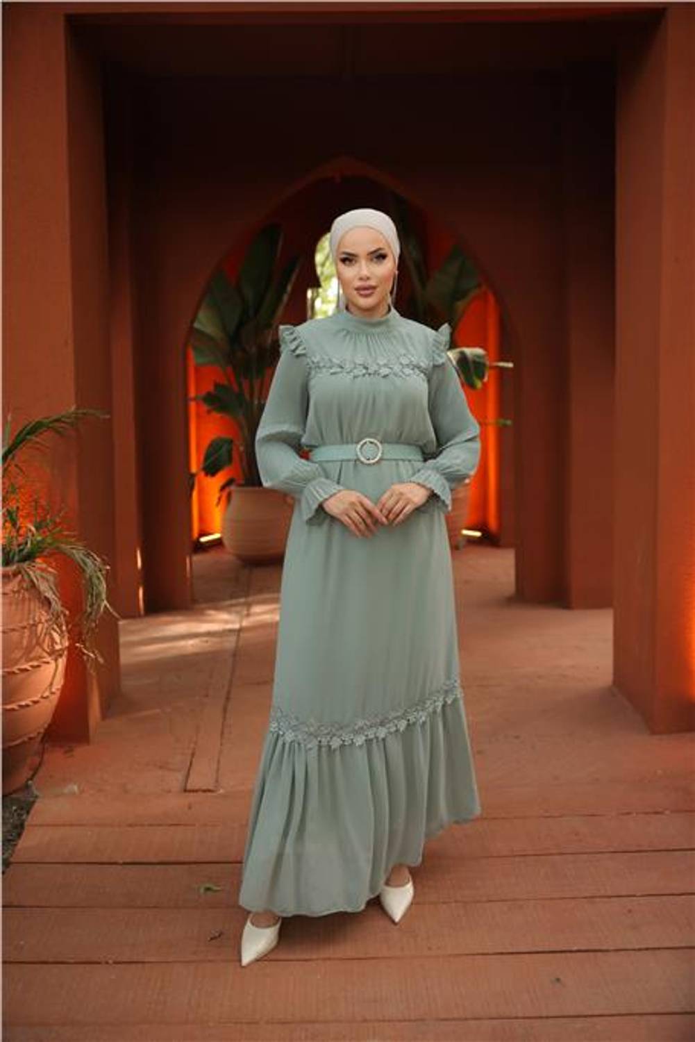 Sleeveless Chiffon Dress with Belt in Sage Green - Sizes 38 to 46 Available