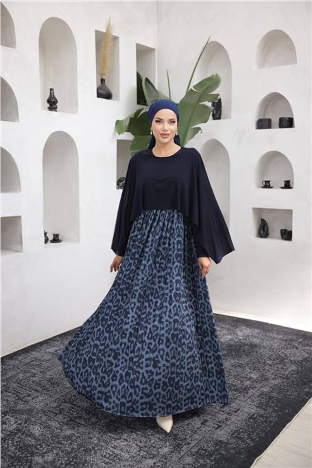 Leopard Print Long Dress with Cape in Navy Blue - Bwest Standard Size 