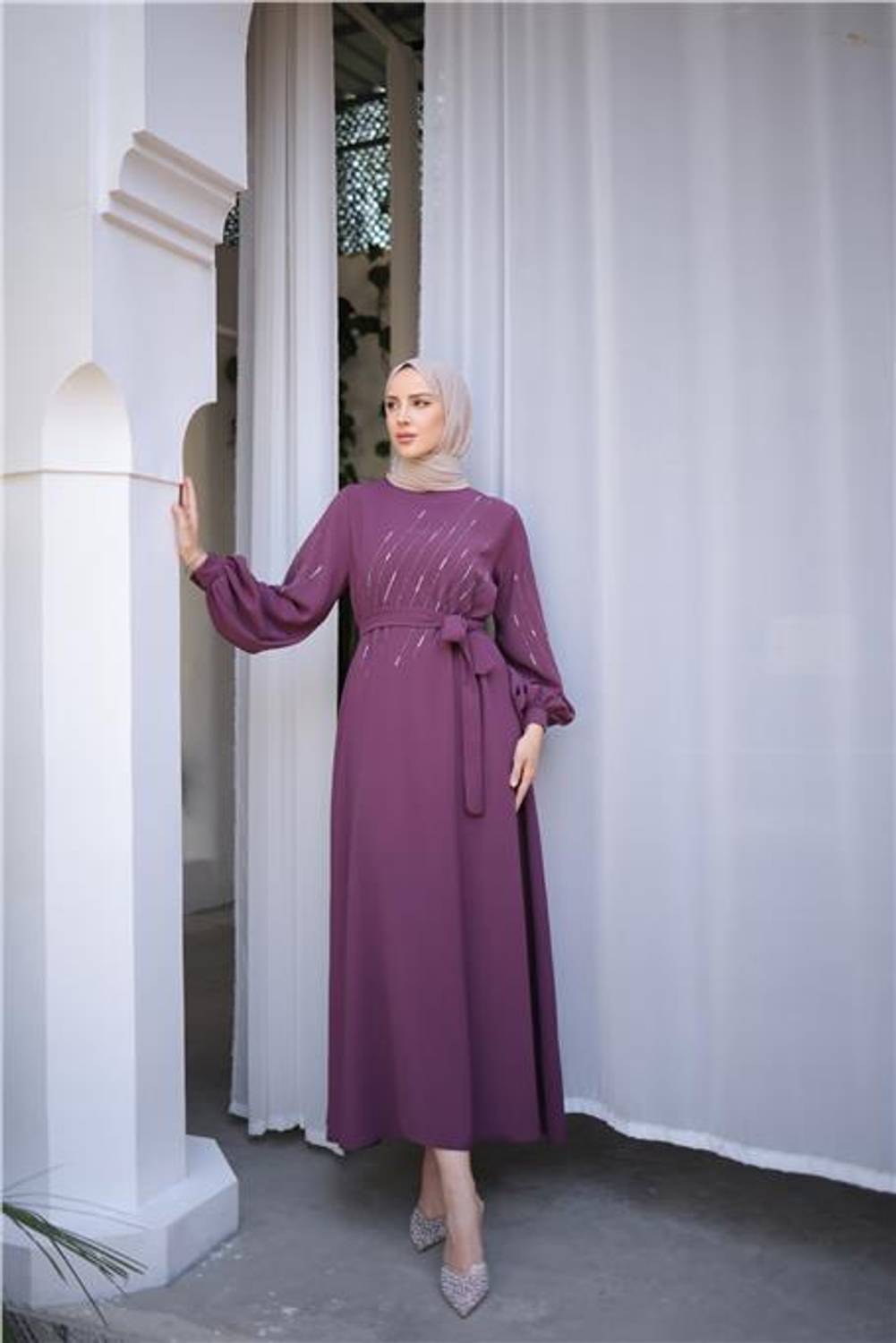 Stone Pattern Long Waist-Tie Dress in Purple, Available Sizes 38-44, Versatile 4-Season Wear by Bwest