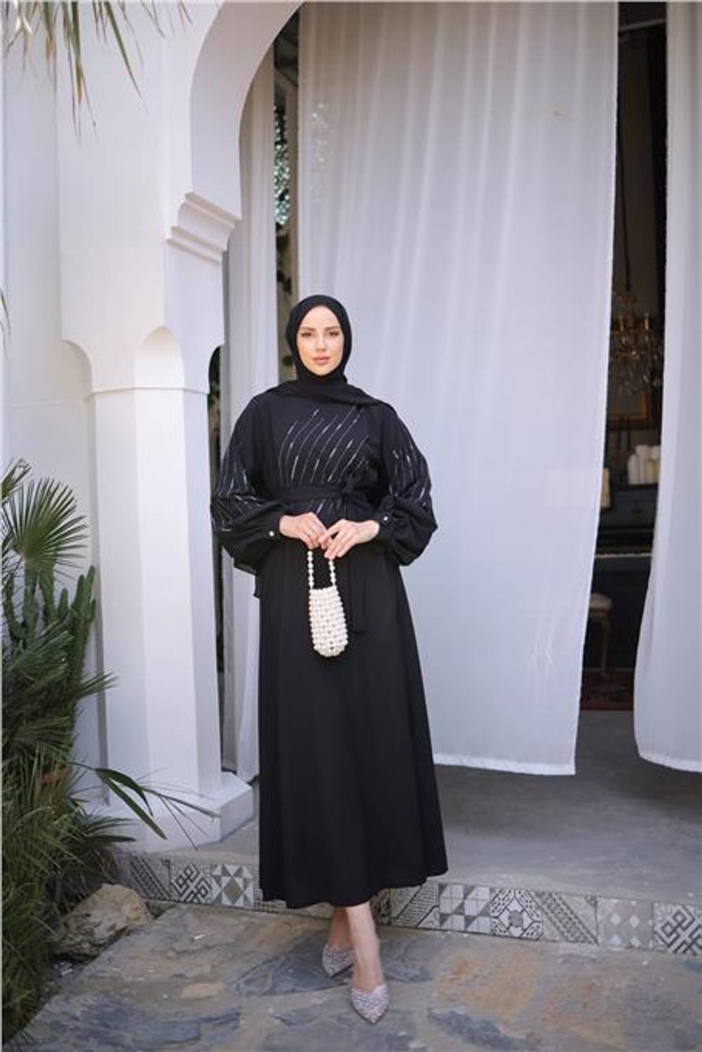 Stone Pattern Long Tie Waist Dress in Black - Bwest