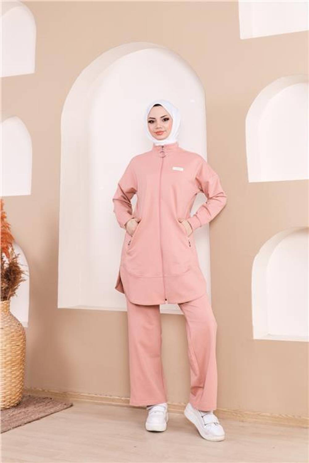 Fermuarlı Cepli Kısa İkili Tesettür Eşofman Takımı - 71182.034 - Pudra