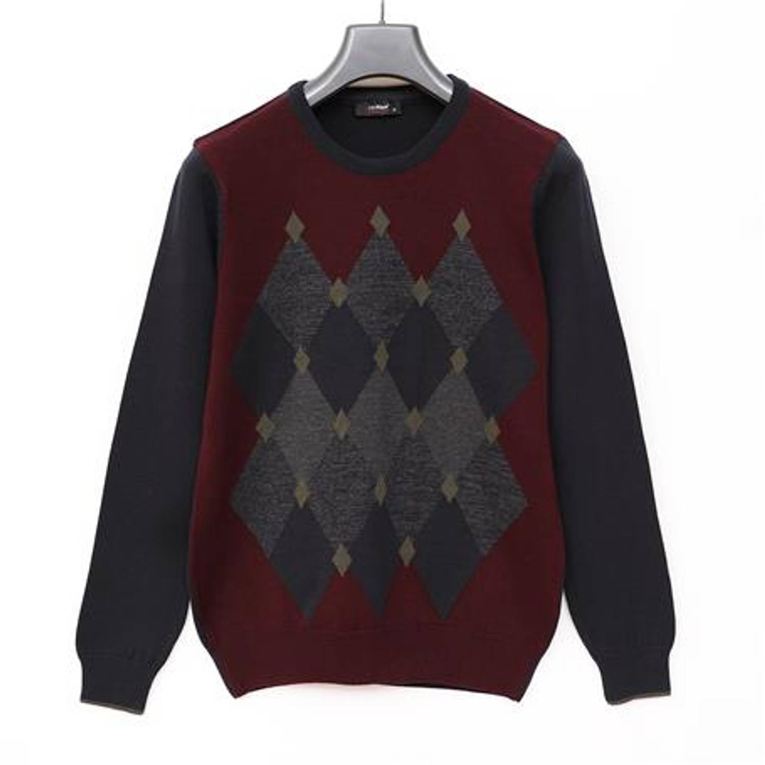 Мужской свитер с круглым вырезом длинный рукав трикотаж 189229 - тёмный бордовый