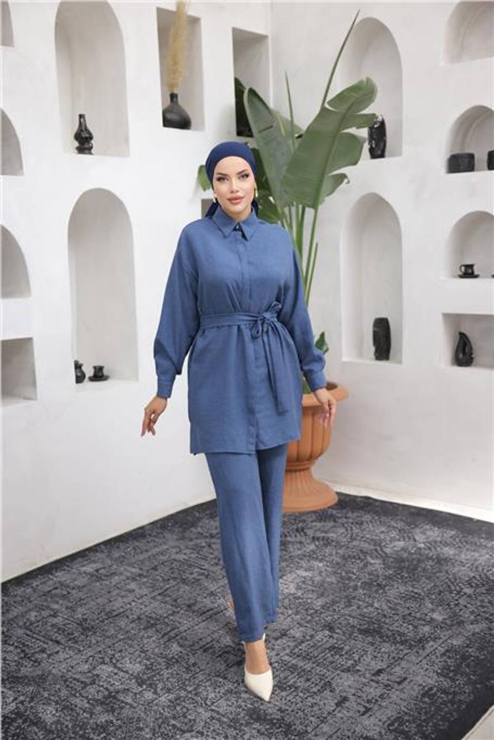 Gömlek Yaka Kuşak Detaylı İkili Takım - 71199.015 - Lacivert