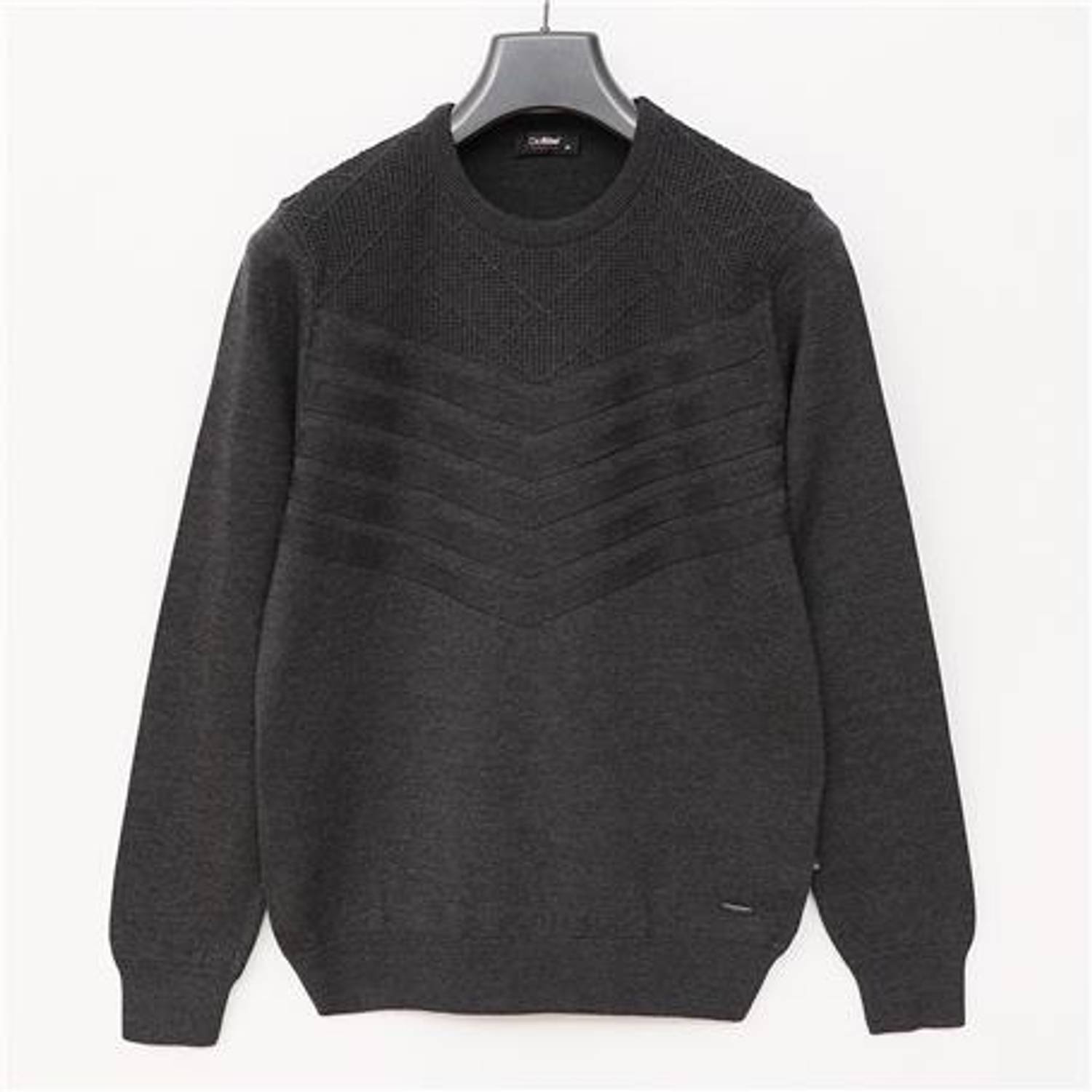 Erkek Bisiklet Yaka Önü Dokulu Standart Fit Pamuklu Triko Kazak - 180967 - Antrasit