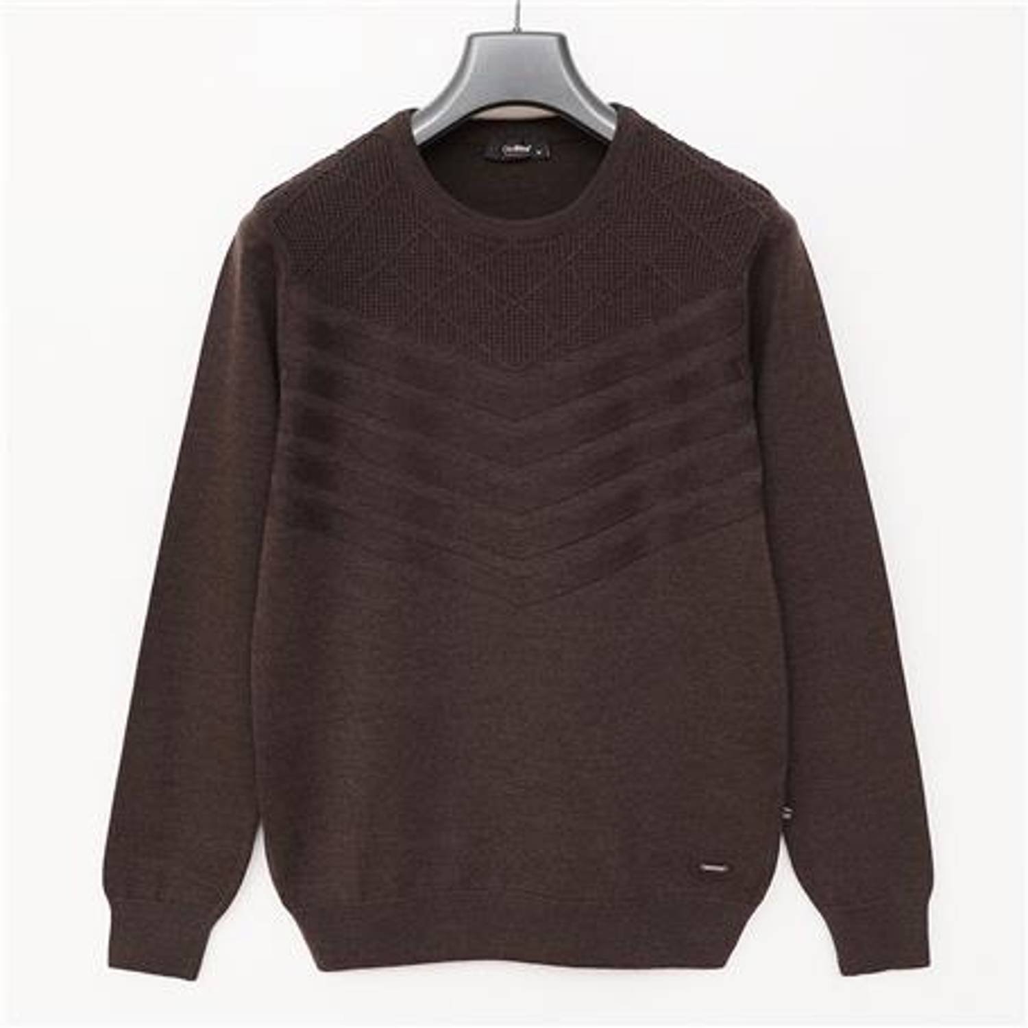 Erkek Bisiklet Yaka Önü Dokulu Standart Fit Pamuklu Triko Kazak - 180967 - Kahverengi Melanj