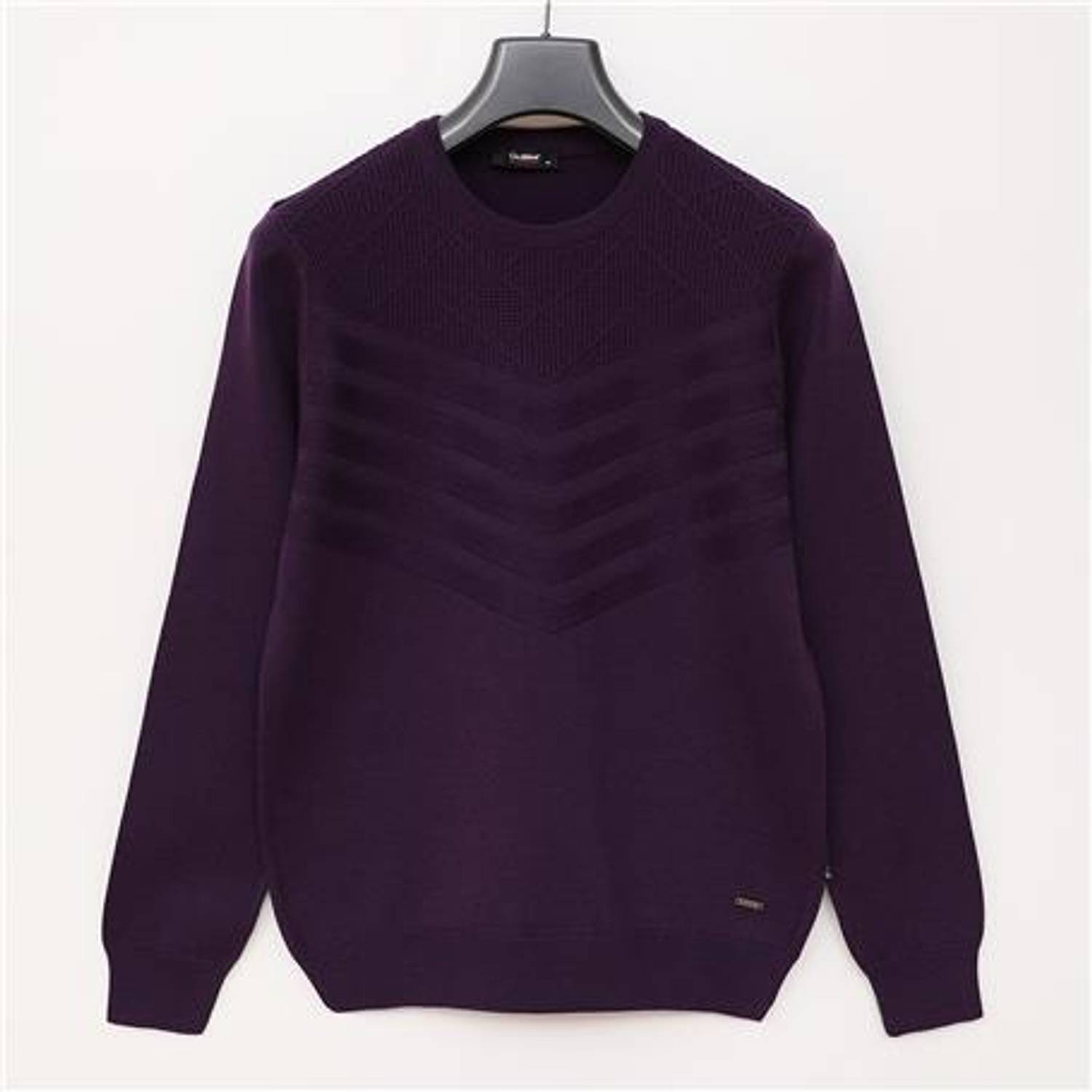 Erkek Bisiklet Yaka Önü Dokulu Standart Fit Pamuklu Triko Kazak - 180967 - Mürdüm