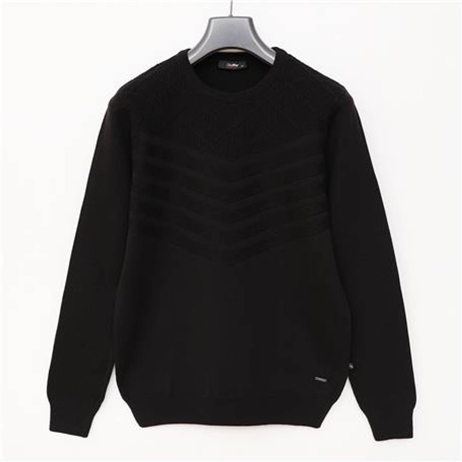 Erkek Bisiklet Yaka Önü Dokulu Standart Fit Pamuklu Triko Kazak - 180967 - Siyah