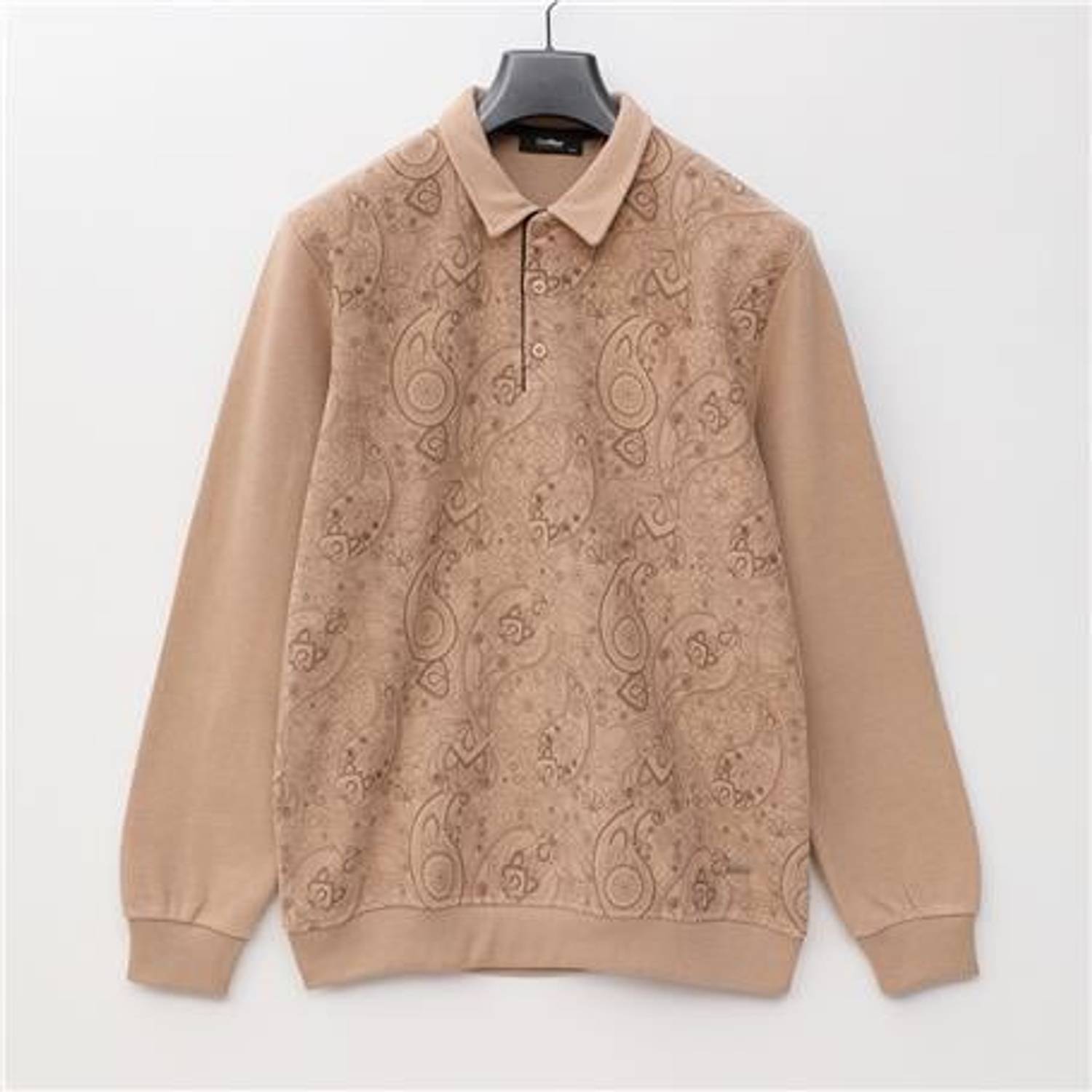 كنزة قطنية للرجال بياقة بولو بأكمام طويلة بلون البيج الملانج متوفرة بمقاسات XL, L, M, XXL