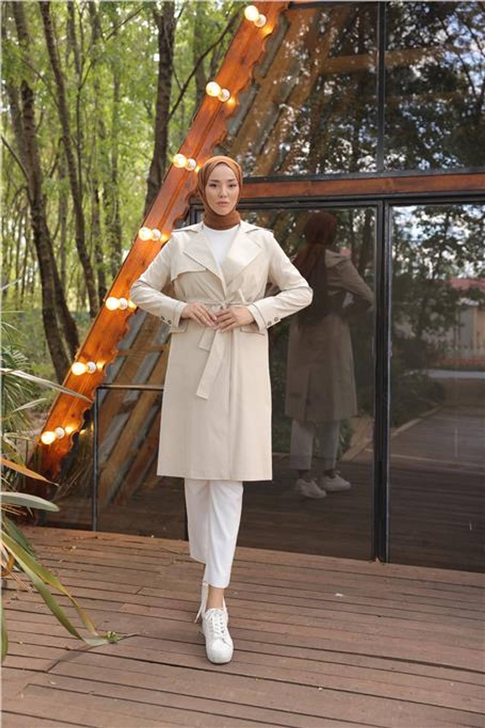 Тренчкот з об'ємним коміром і поясом Bwest, колір камінь, доступні розміри 38-46