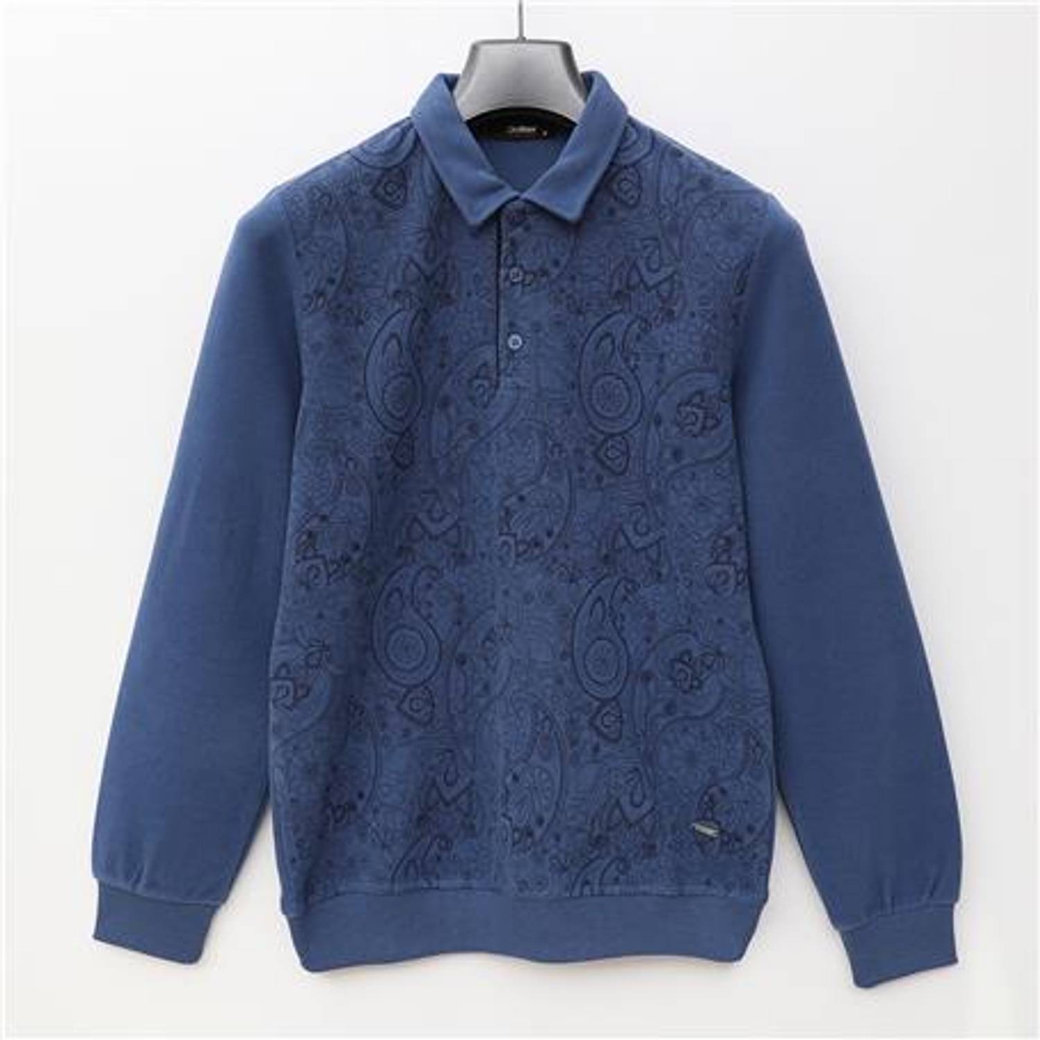 سترة رجالية بياقة بولو طويلة الأكمام من المخمل - لون إنديغو