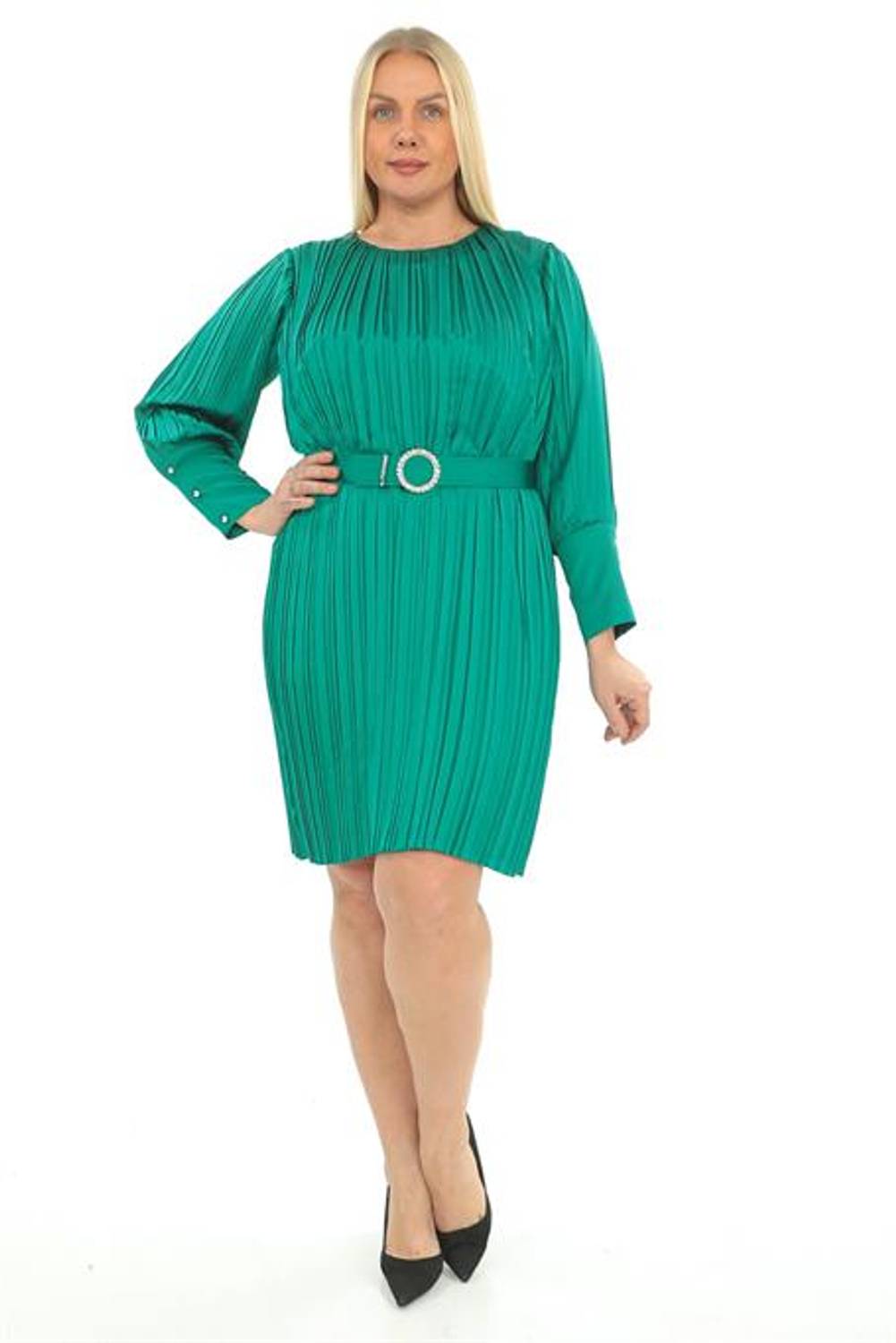 Piliseli Kemerli Astarlı Saten Abiye Elbise - ETS6052.001 - Yeşil