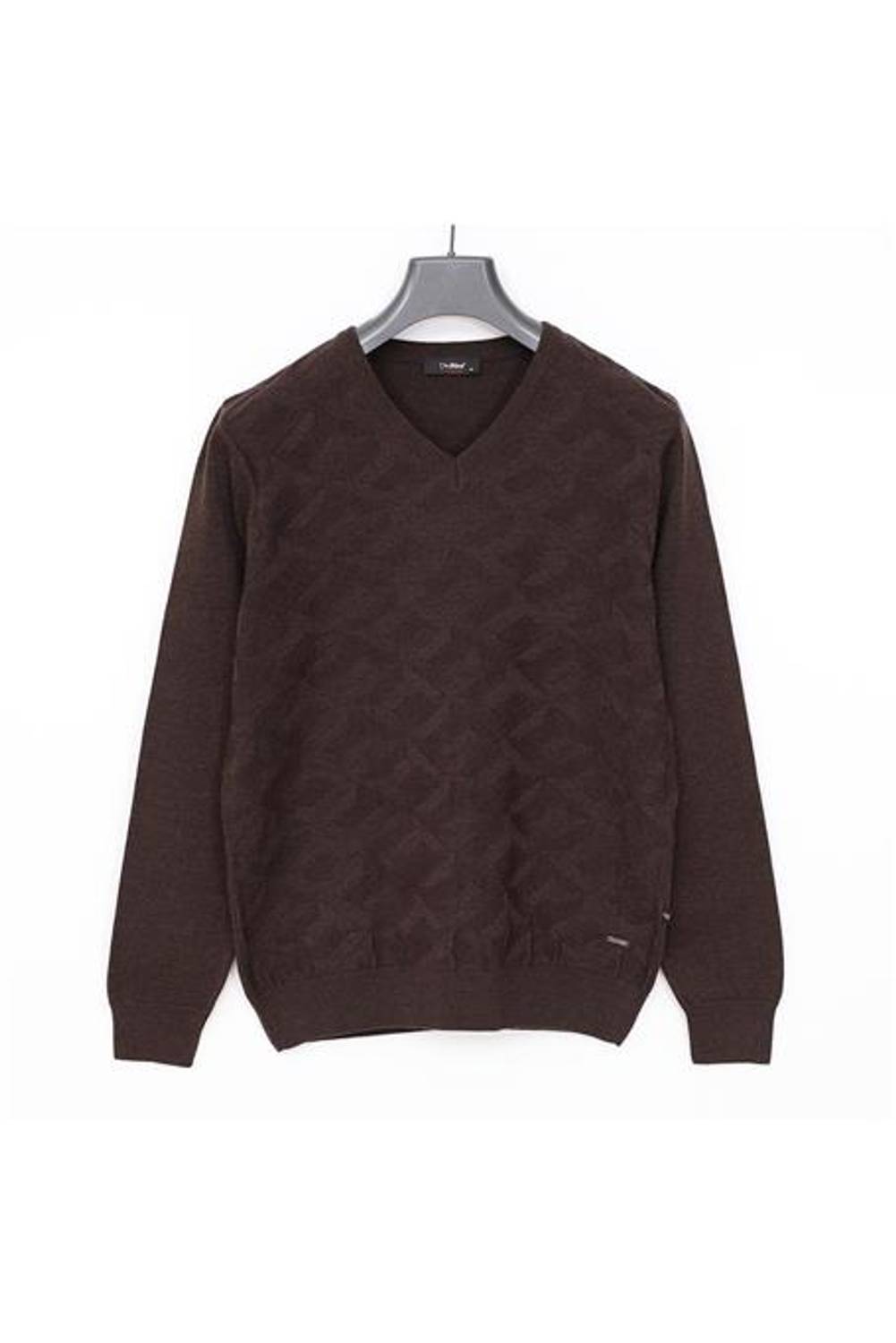 Erkek Uzun Kol V Yaka Triko Kazak - 189055 - Kahverengi Melanj