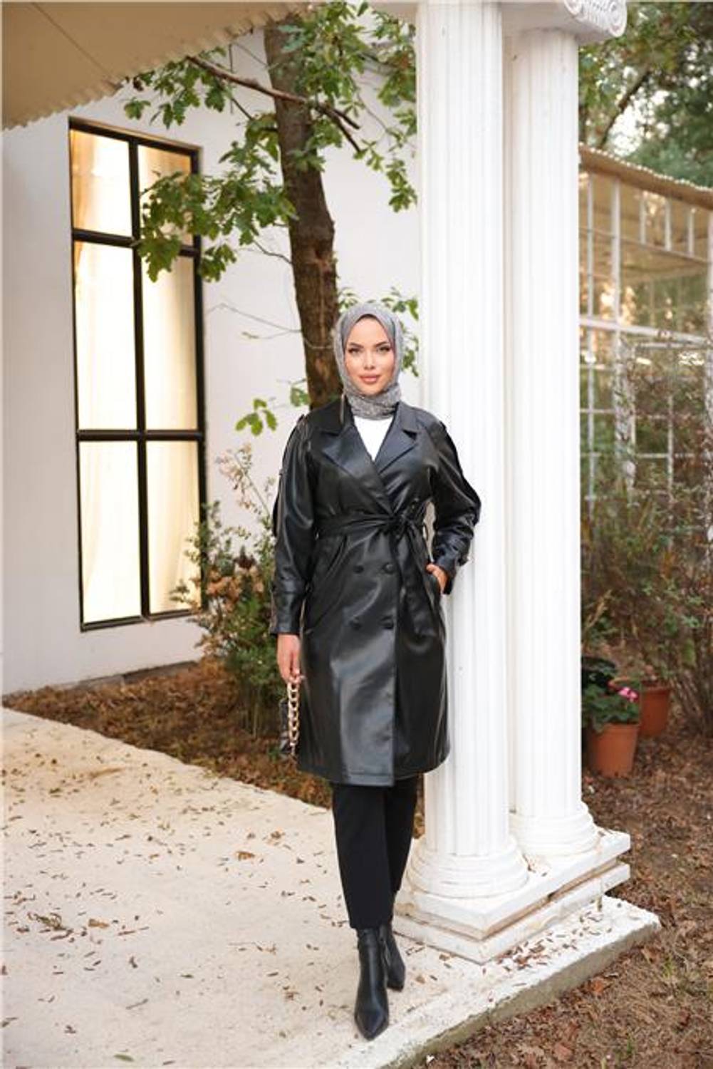 Тренчкот из кожи с карманами и завязками на талии, черный, Bwest, размеры 38-46