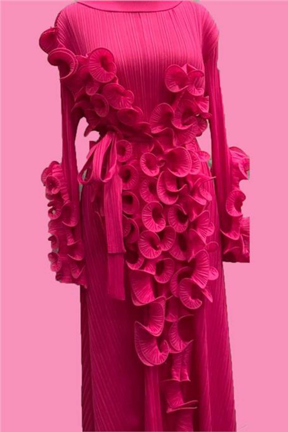 Fırfır Detaylı Fırfırlı uzun Kollu O Yak Uzun Elbise - (Std-Std) - P101006 - Fuşya