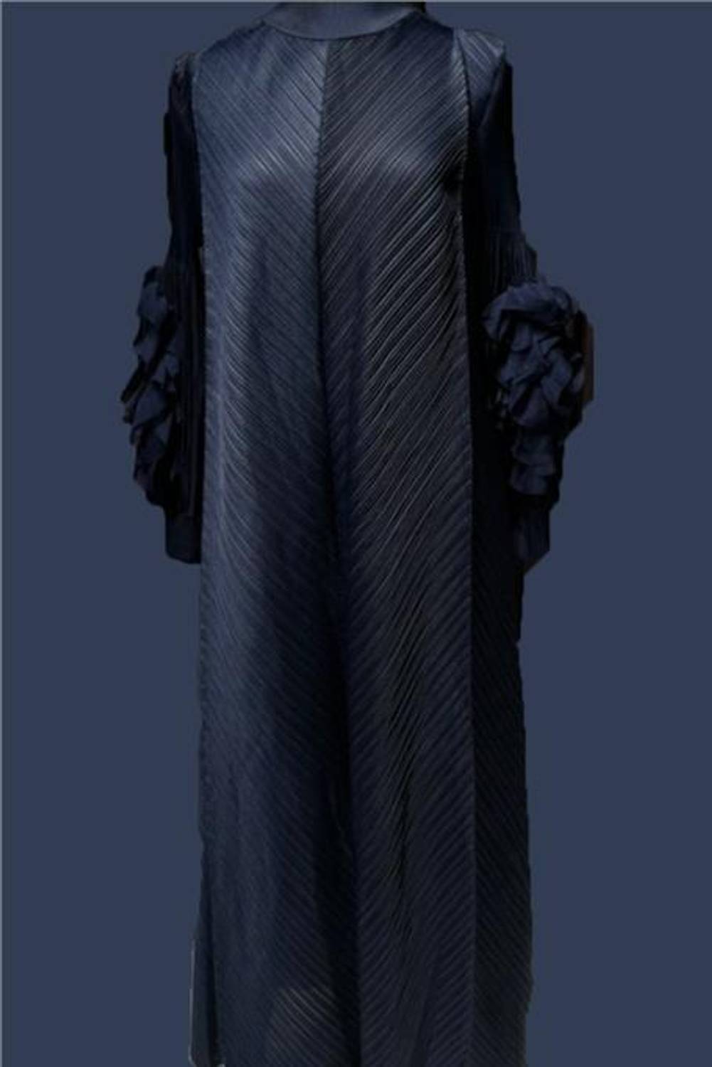 Kemeri Çiçek Süslemeleli Kolları Fırfırlı Kaliteli Uzun Elbise - (Std-Std) - P101004 - Siyah