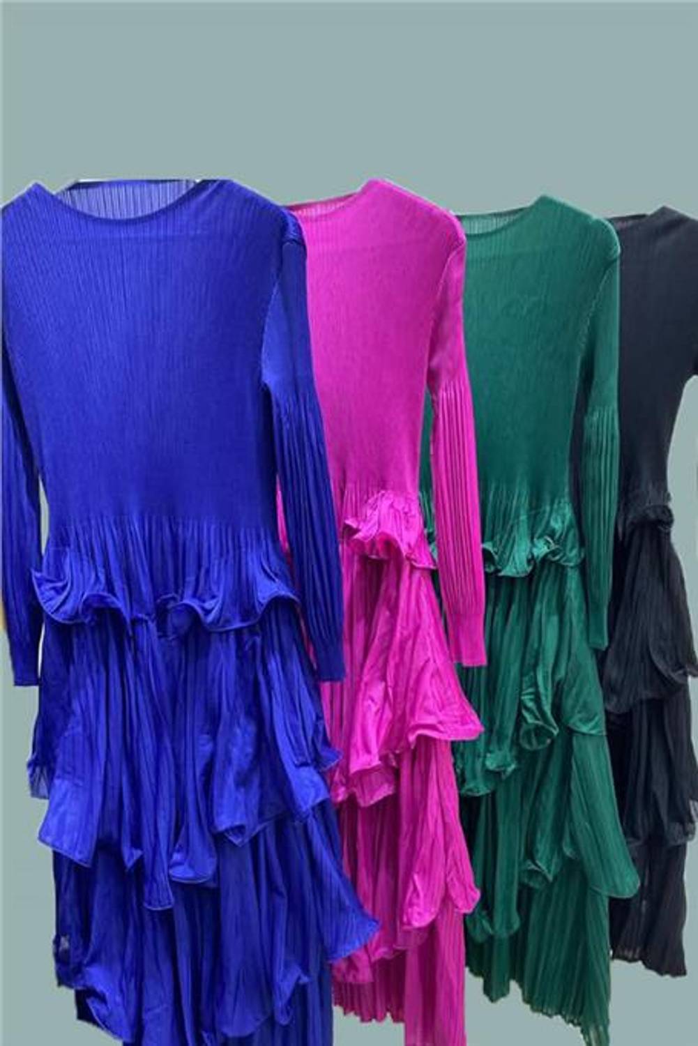 Etekleri Fırfırlı Uzun Kollu O Yaka Uzun Elbise - (Std-Std) - P101003 - Lacivert