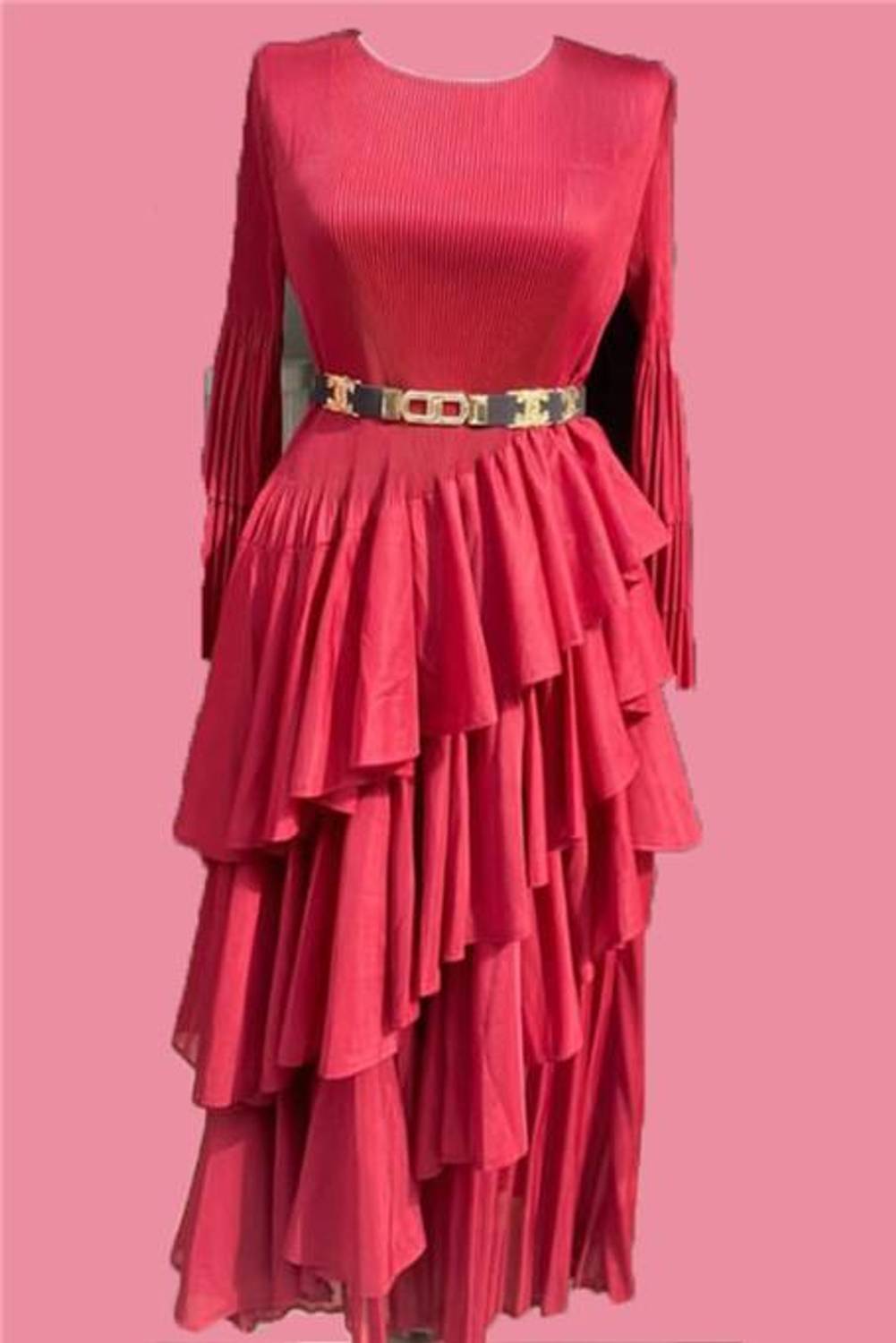 Kemerli Fırfır Etekli O Yaka Uzun Elbise - (Std-Std) - P101007 - Kırmızı