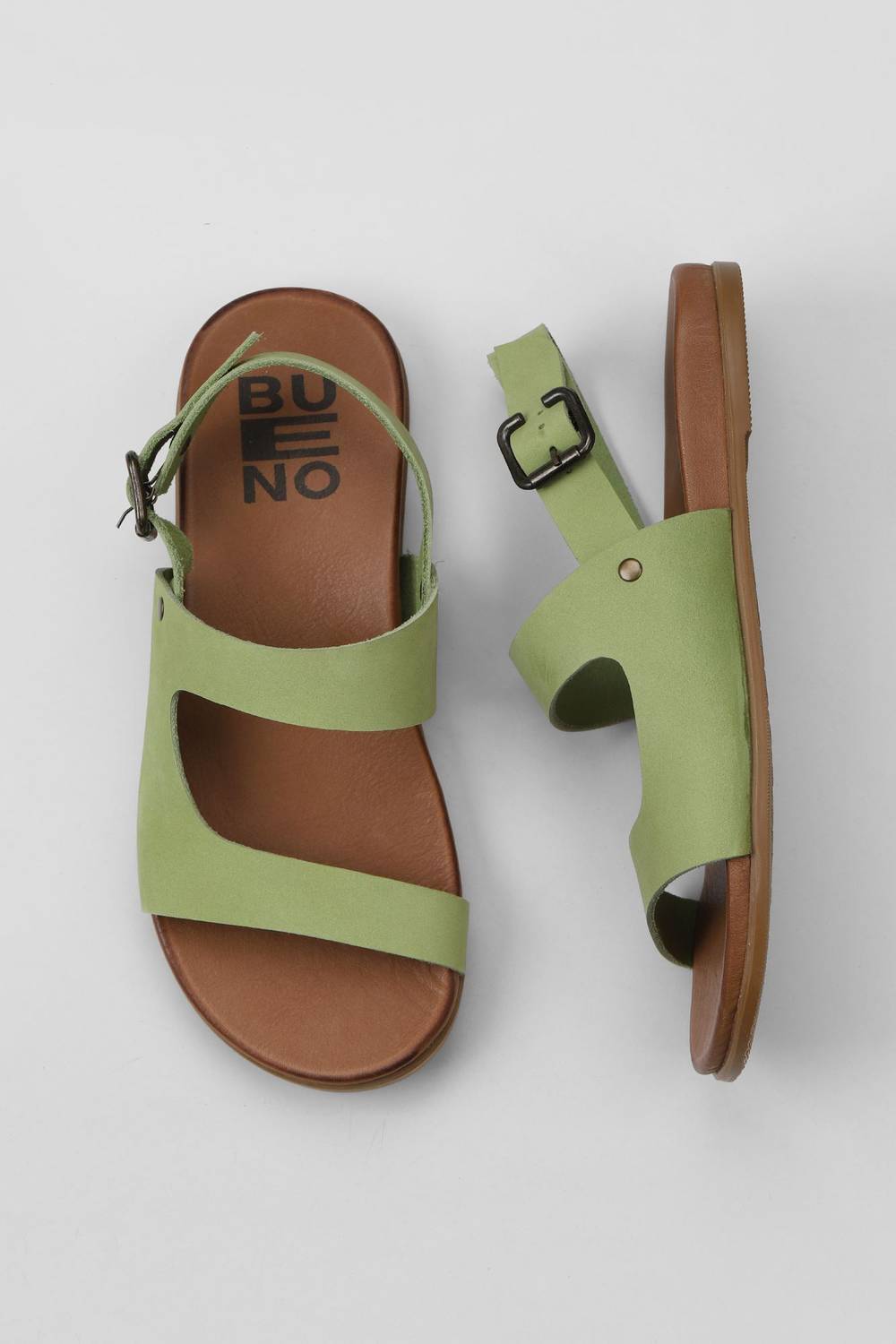 Жіночі сандалі Bueno 01WU4244, натуральна шкіра, 2 см підбори, розміри 37-42, кольори: кораловий нубук, зелений нубук