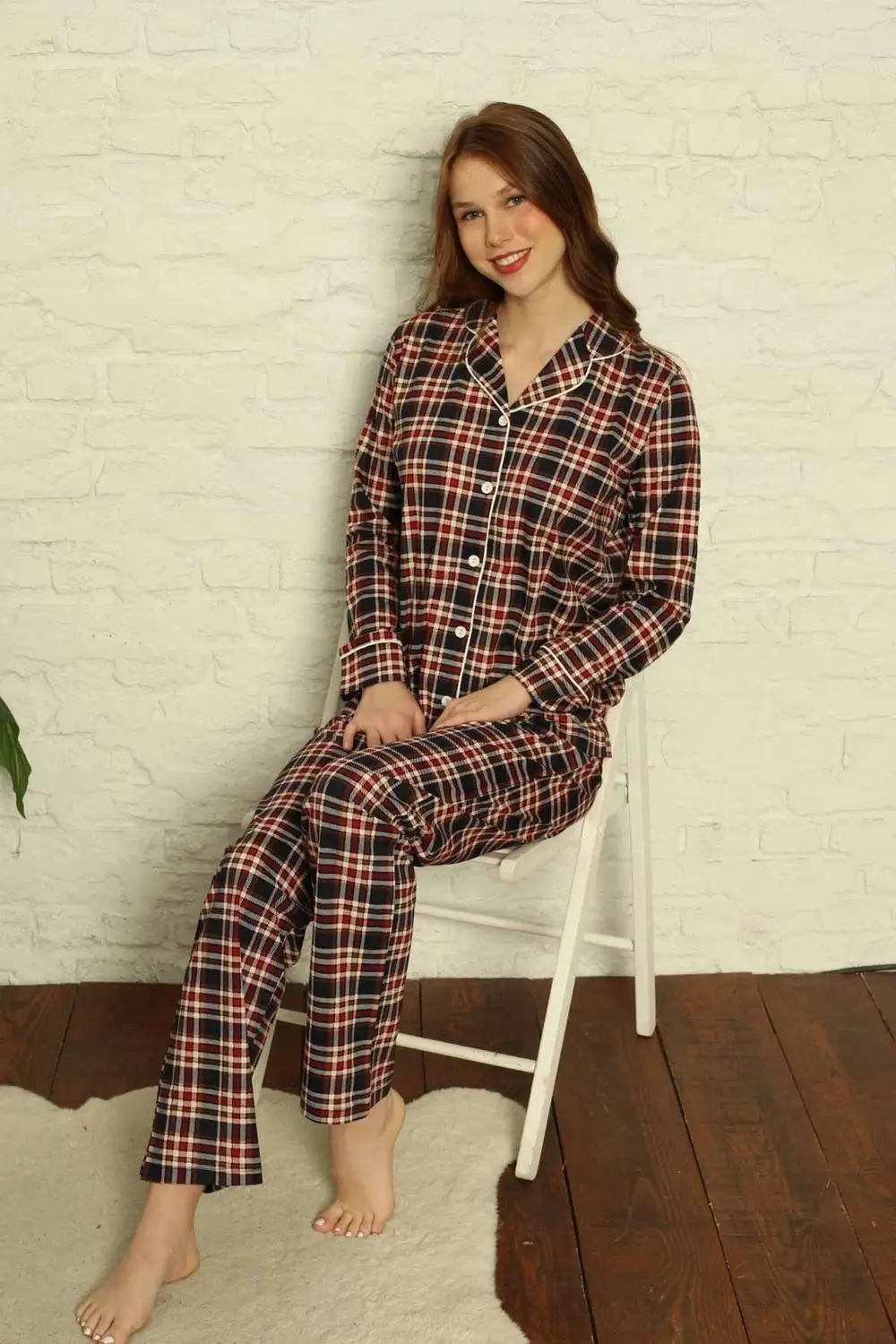 Dreamy Ekoseli Pamuklu Biyeli Uzun Kollu Gömlek Pijama Takımı