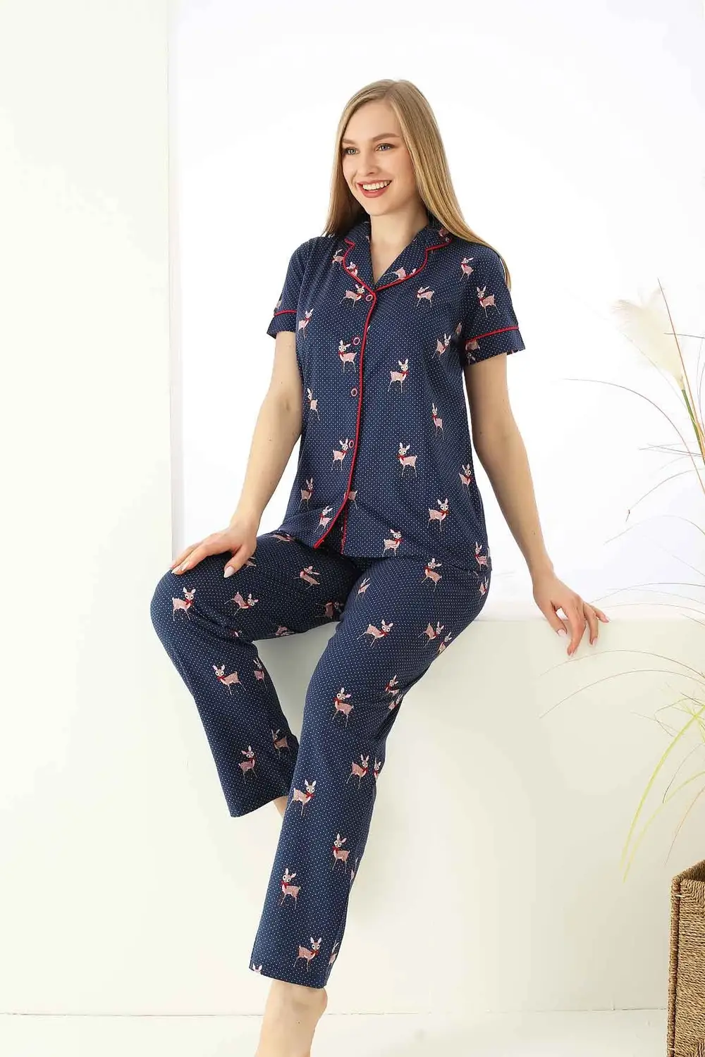 Dreamy Pamuklu Biyeli Ceylan Desenli Kısa Kollu Gömlek Pijama Takımı