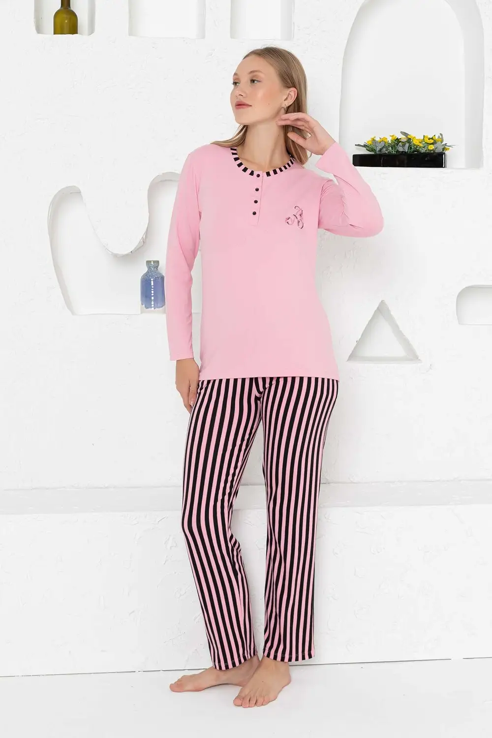 Dreamy Secret Uzun Kollu Düğmeli Yaka Çizgili Penye Pijama Takımı