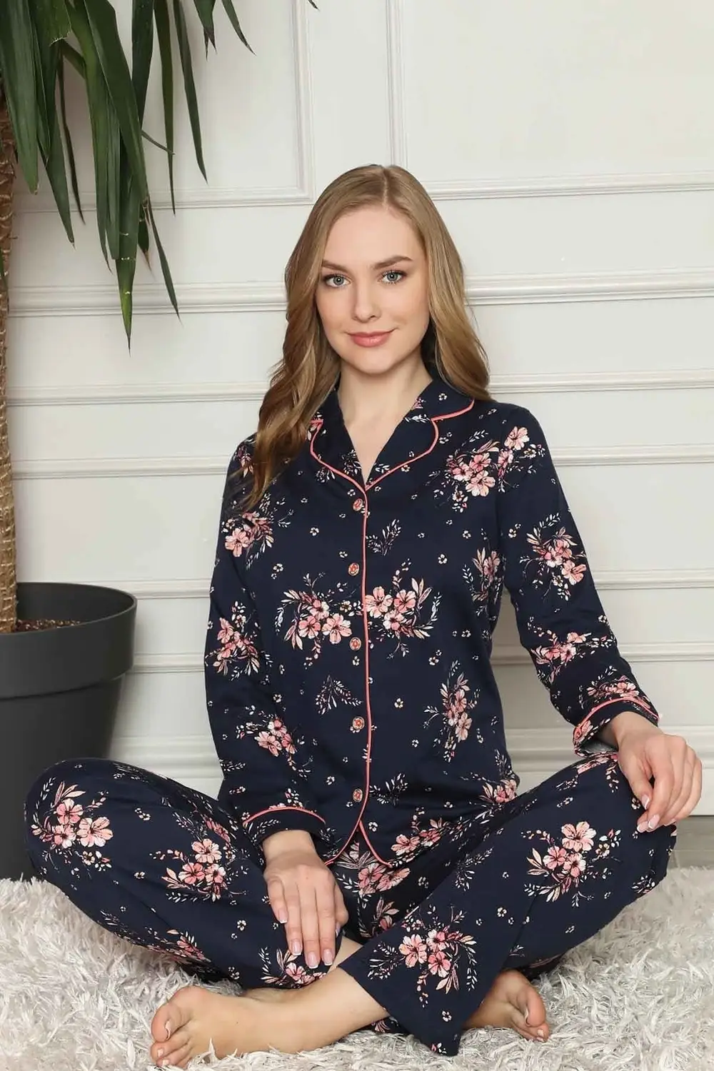 Dreamy Pamuklu Biyeli Çiçek Desenli Gömlek Pijama Takımı