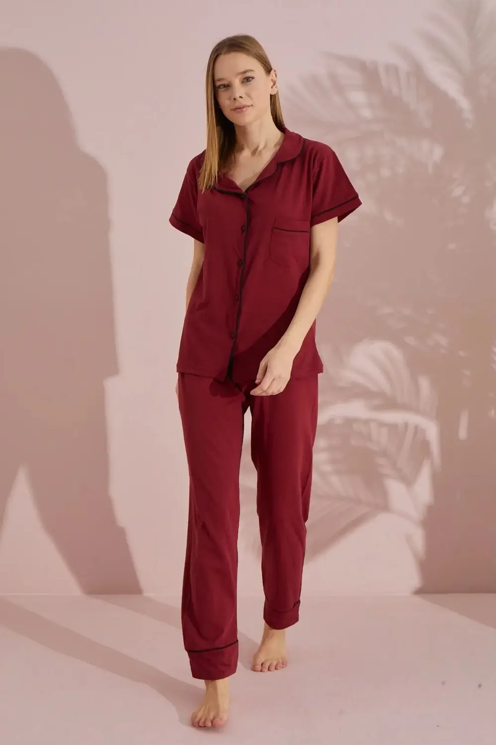 Dreamy Pamuklu Biyeli Kısa Kollu Cep Detaylı Gömlek Pijama Takımı