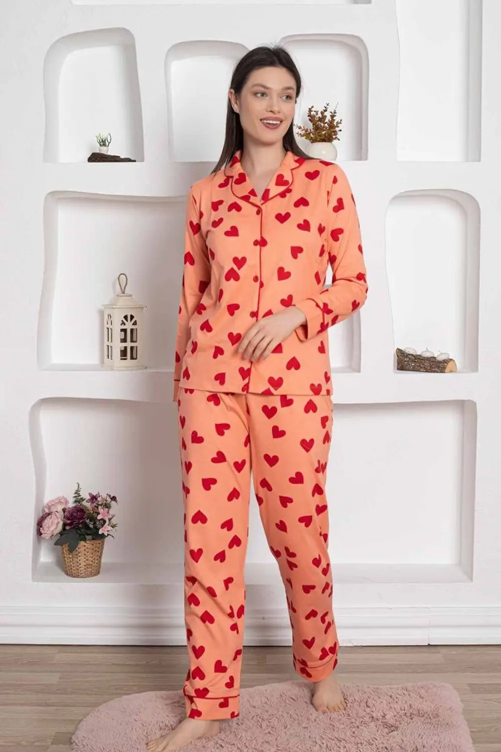 Dreamy Pamuklu Biyeli Kalp Desenli Uzun Kollu Cepli Gömlek Pijama Takımı