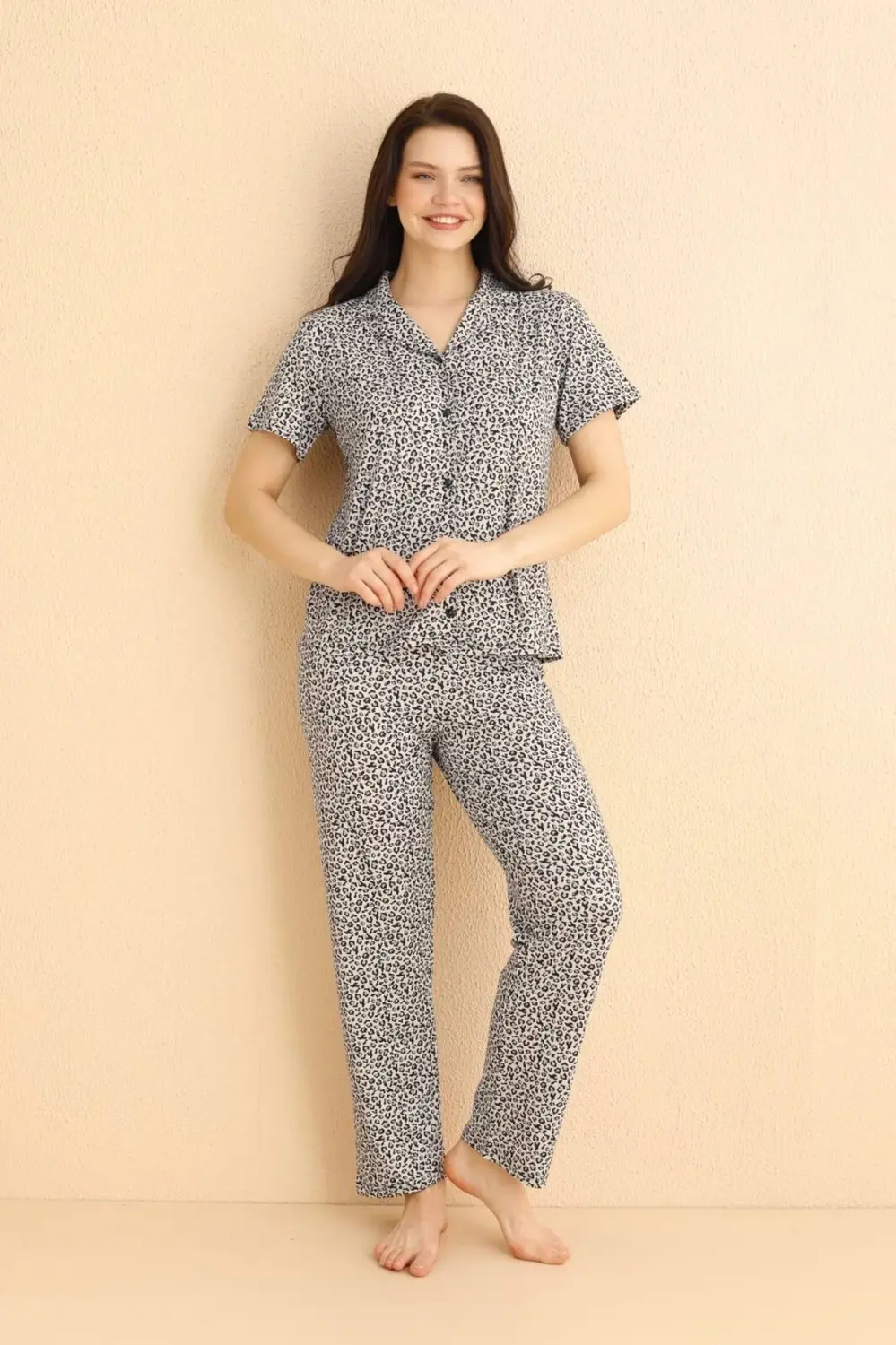 Dreamy Milan Bambu Leopar Desenli Kısa Kollu Gömlek Pijama Takımı
