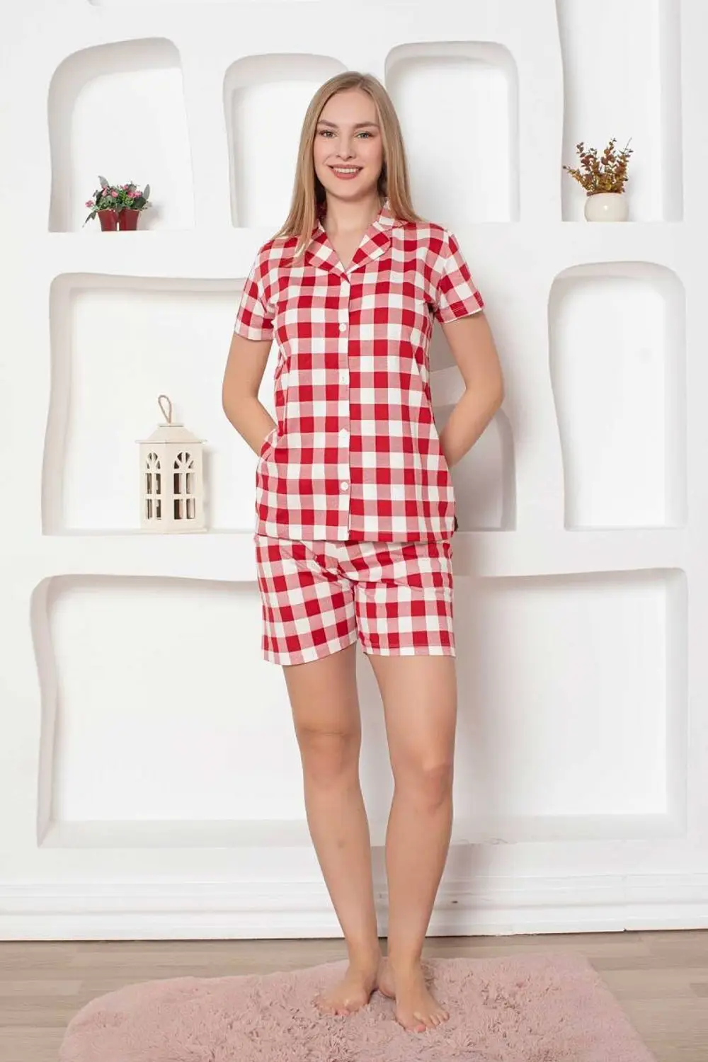 Exclusive Pamuklu Kareli Kısa Kollu Şortlu Gömlek Pijama Takımı