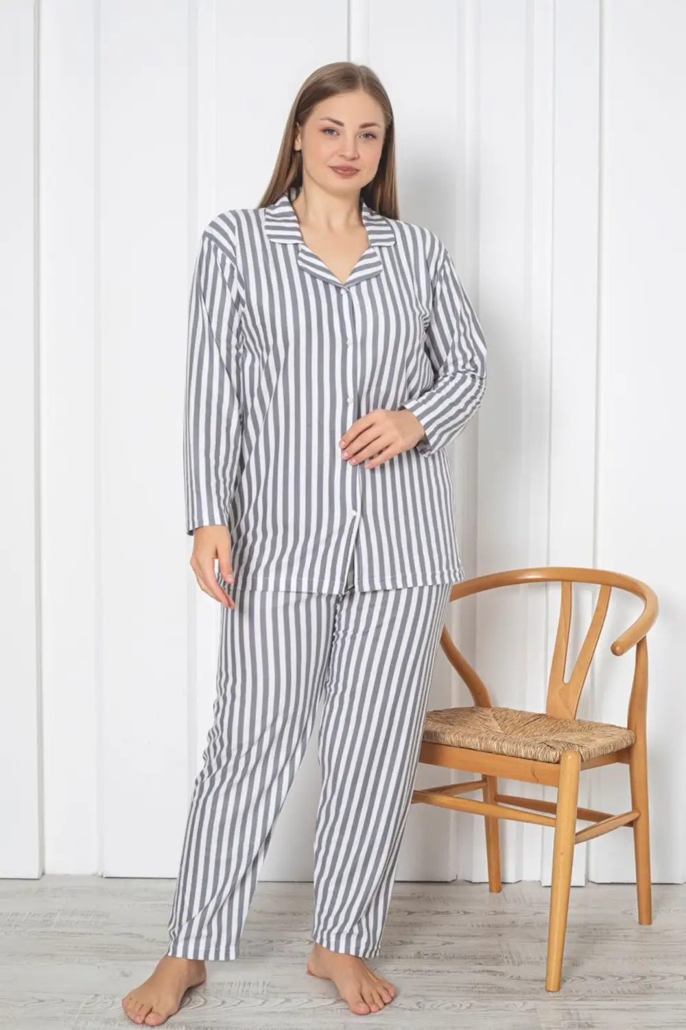 X-Dreamy Büyük Beden Pamuklu Süet Bambu Düğmeli Pijama Takımı