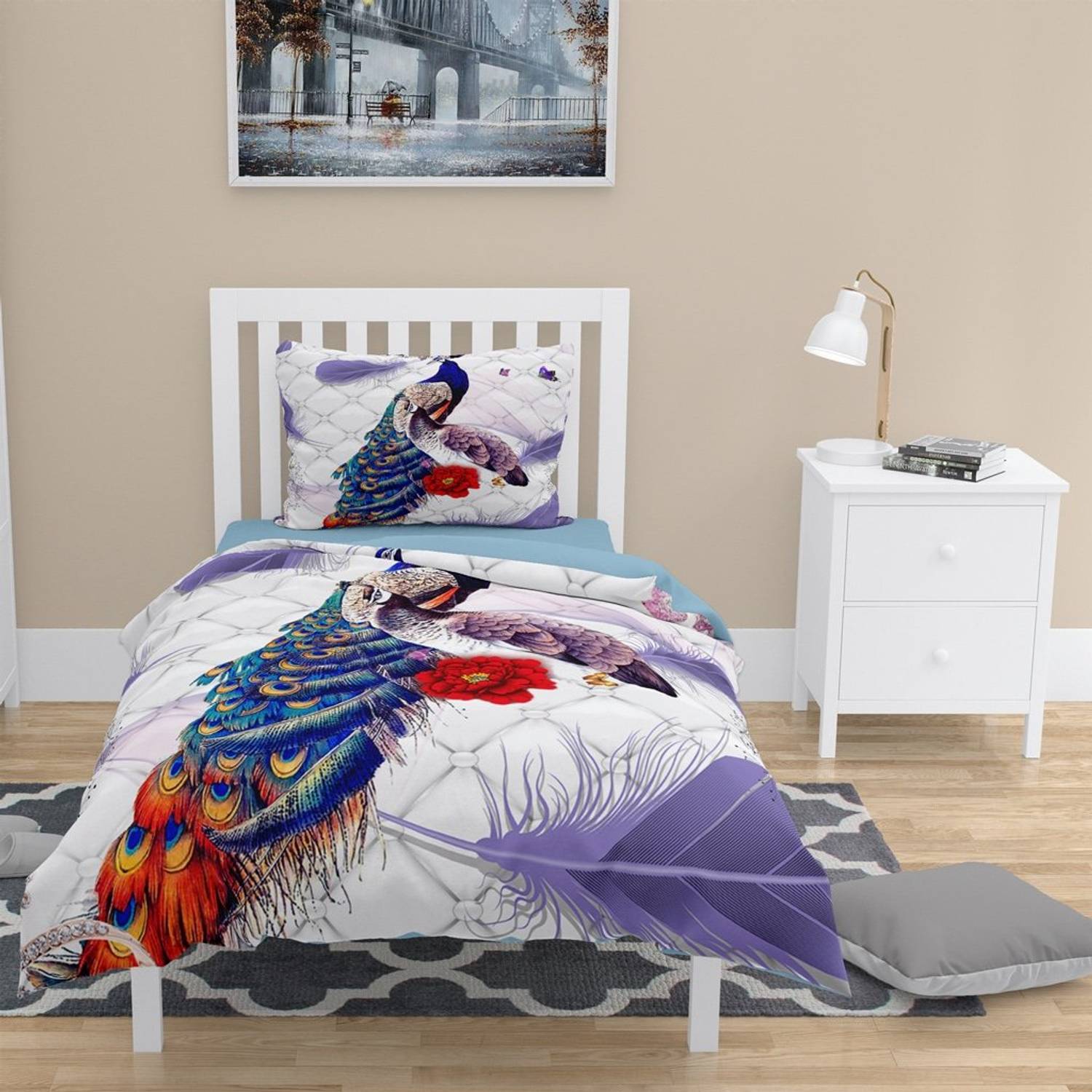 MonoHome Peafowl 3D Cotton Satin Single Duvet Cover Set