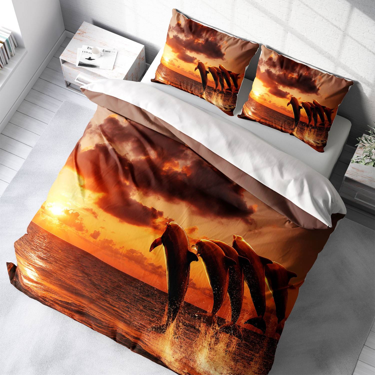 MonoHome Dolphin1 طقم غطاء لحاف مزدوج من الساتان القطني ثلاثي الأبعاد