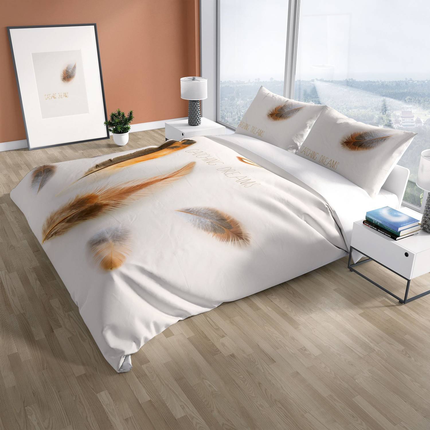 Набір постільної білизни Cattleya Feather 3D з бавовняного сатину, двоспальний, живі кольори, якісний матеріал, розміри 200x220 см, 240x260 см