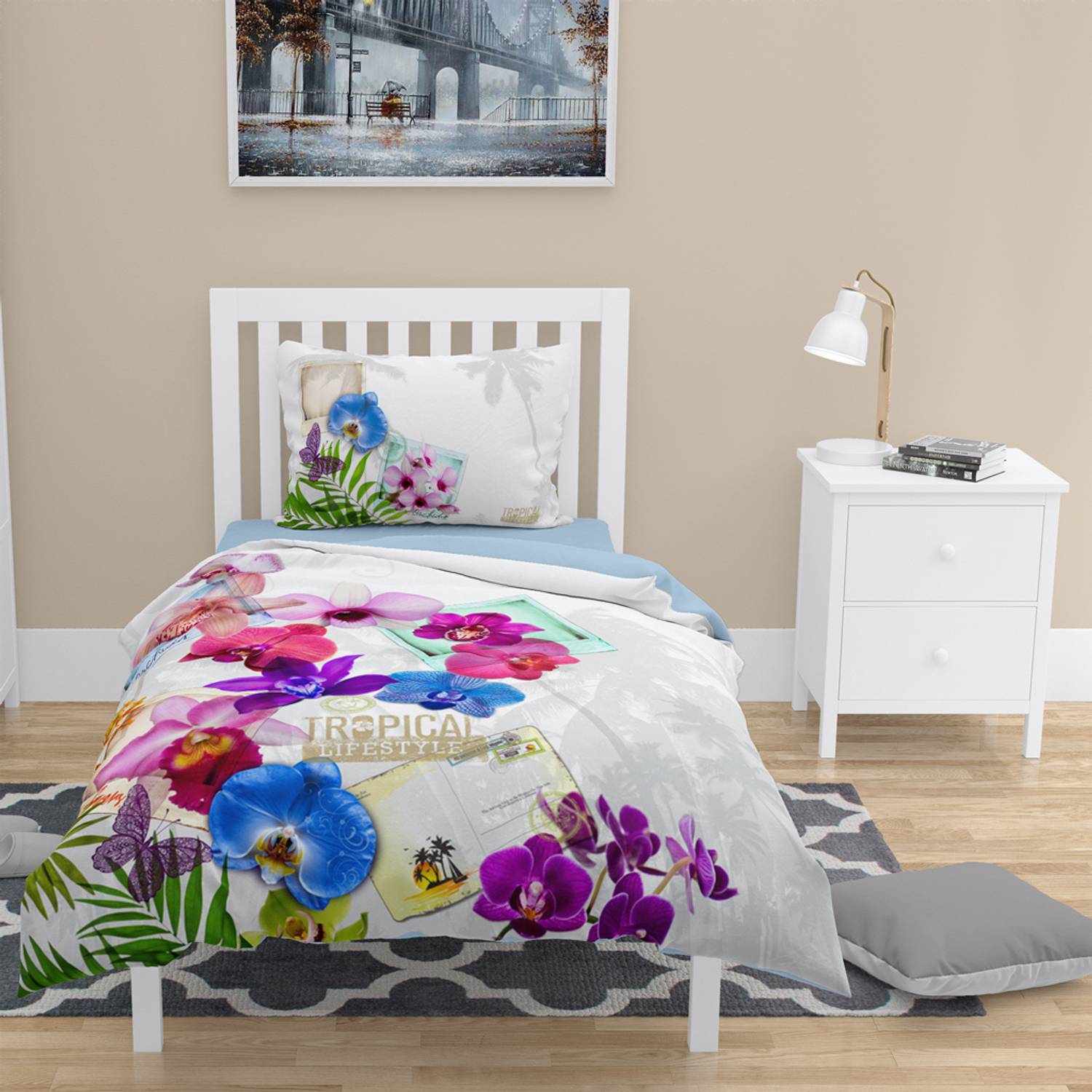 Набор постельного белья MonoHome Viola 3D из сатинового хлопка для односпальной кровати 160x220 с яркими цветами и дышащей тканью