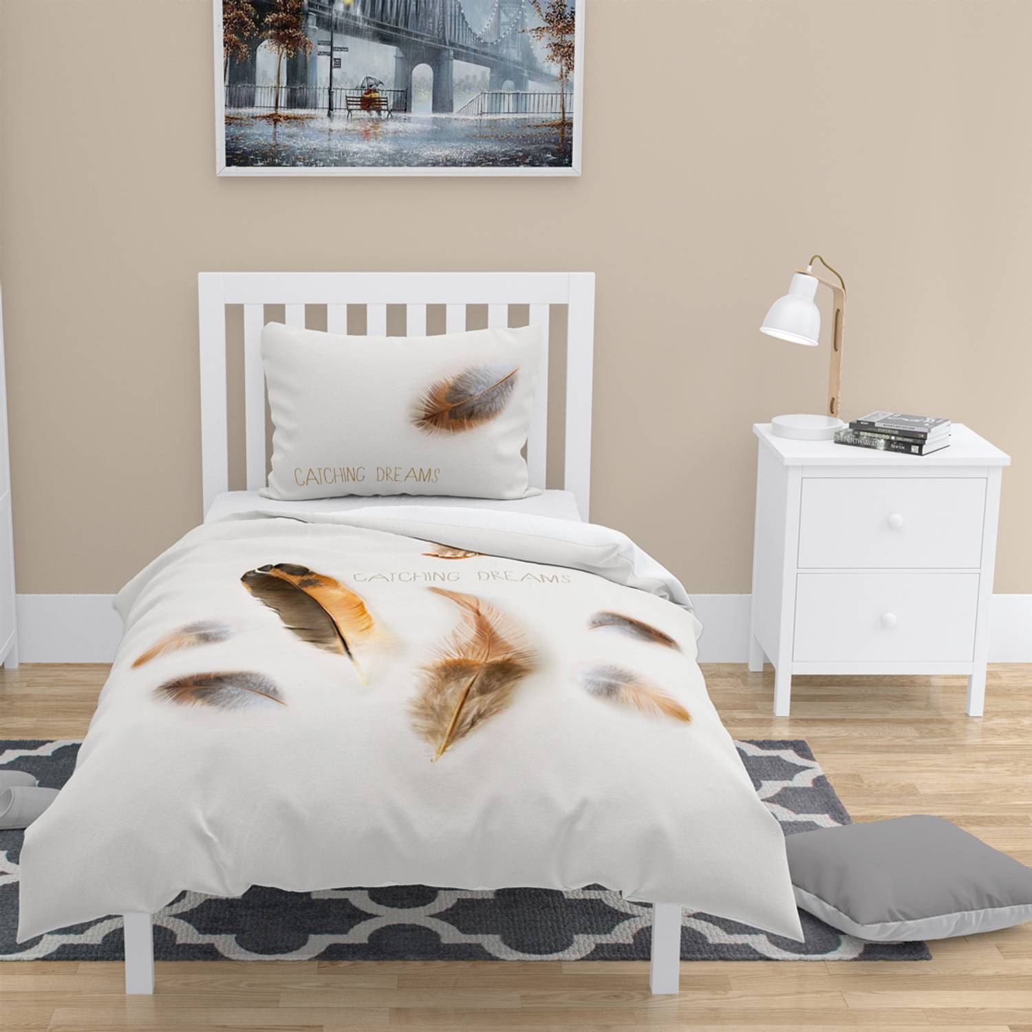 Комплект постільної білизни MonoHome Feather 3D з бавовняного сатину на одне спальне місце 160x220 см з оригінальним цифровим друком