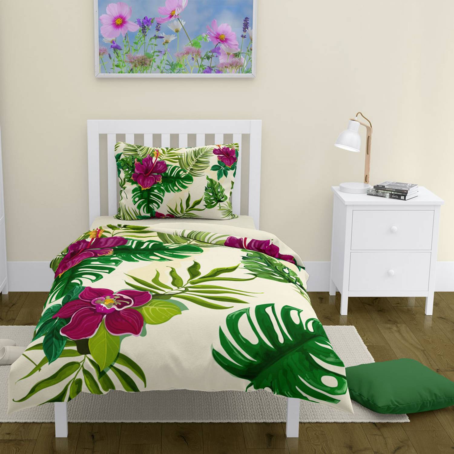 Набор постельного белья MonoHome Green 3D из хлопка-сатина для одного человека, 160x220 см, живые цвета, воздухопроницаемый, минимизация складок